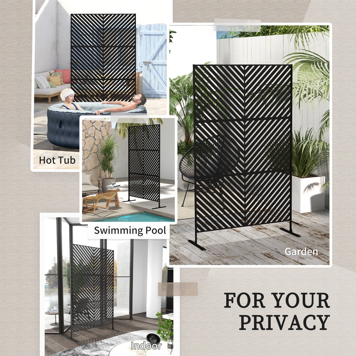Metal Outdoor Privacy Screen, Decorative Outdoor Divider with Stand and Expansion Screws, Freestanding Privacy Panel for Garden, Backyard, Deck, Triangle Style, Black