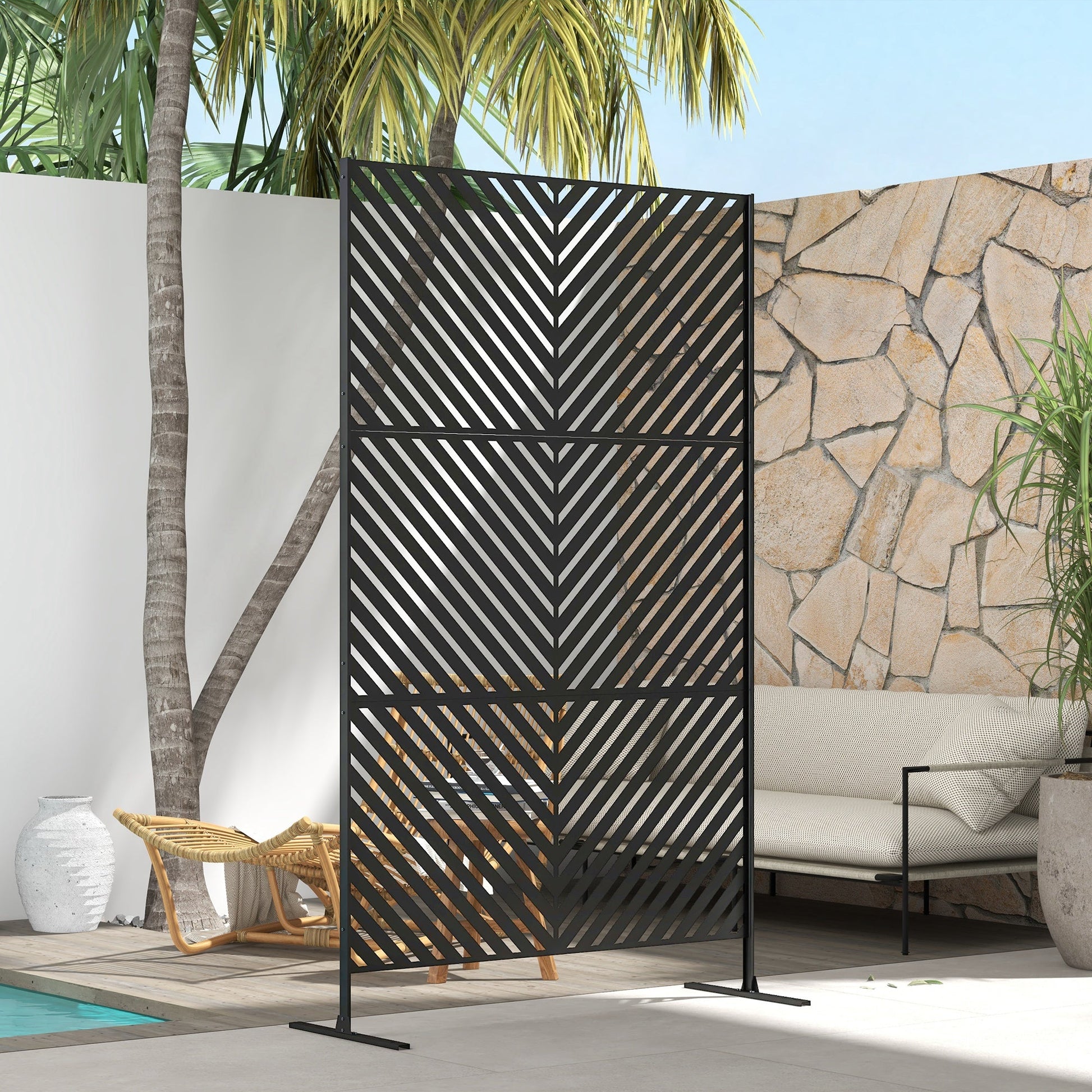 Metal Outdoor Privacy Screen, Decorative Outdoor Divider with Stand and Expansion Screws, Freestanding Privacy Panel for Garden, Backyard, Deck, Triangle Style, Black