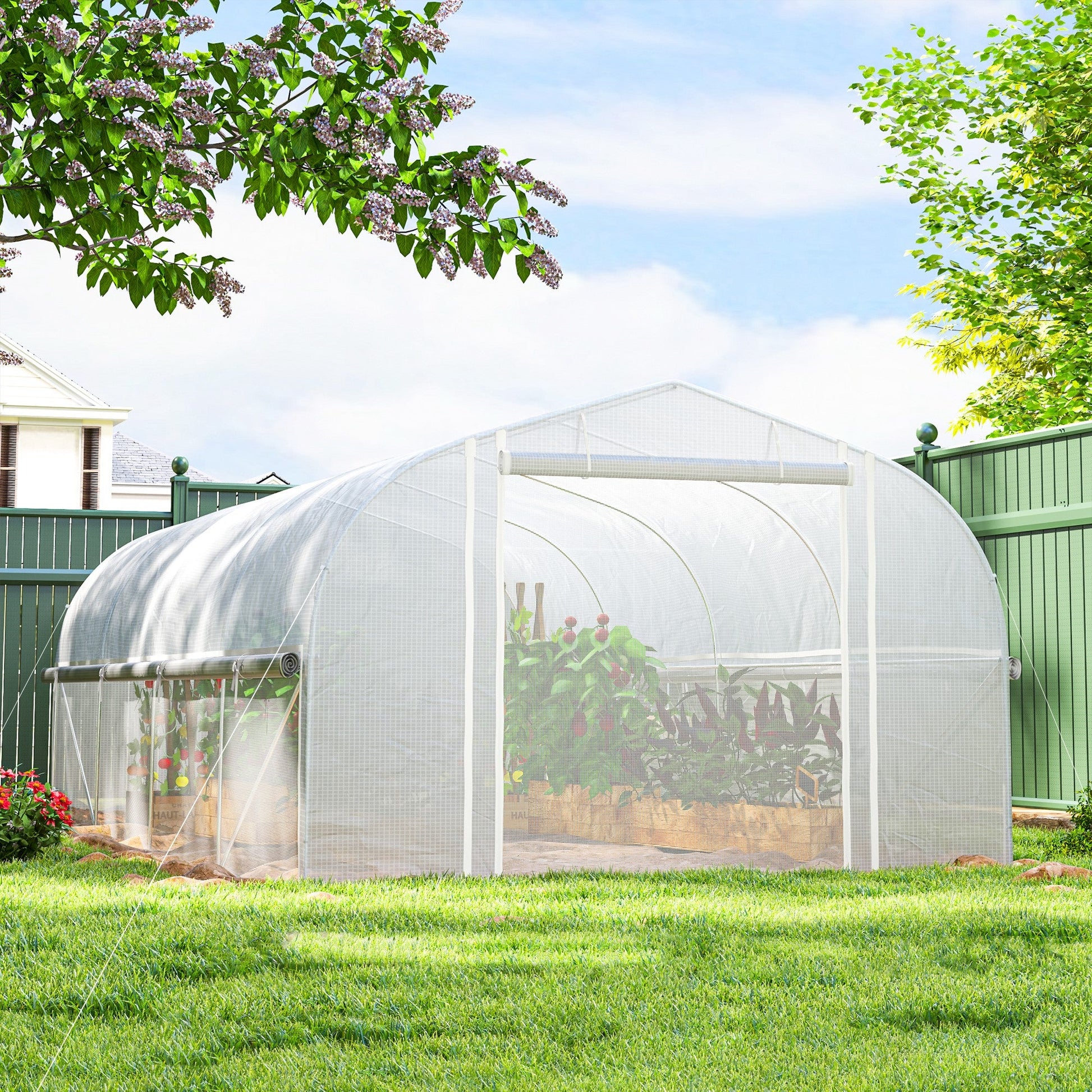 19.5' x 10' x 6.6' Walk-in Tunnel Greenhouse with Roll-up Mesh Sidewalls, Mesh Door, 8 Windows, Outdoor Green House Plant Hot House Tent with Galvanized Steel Frame, White