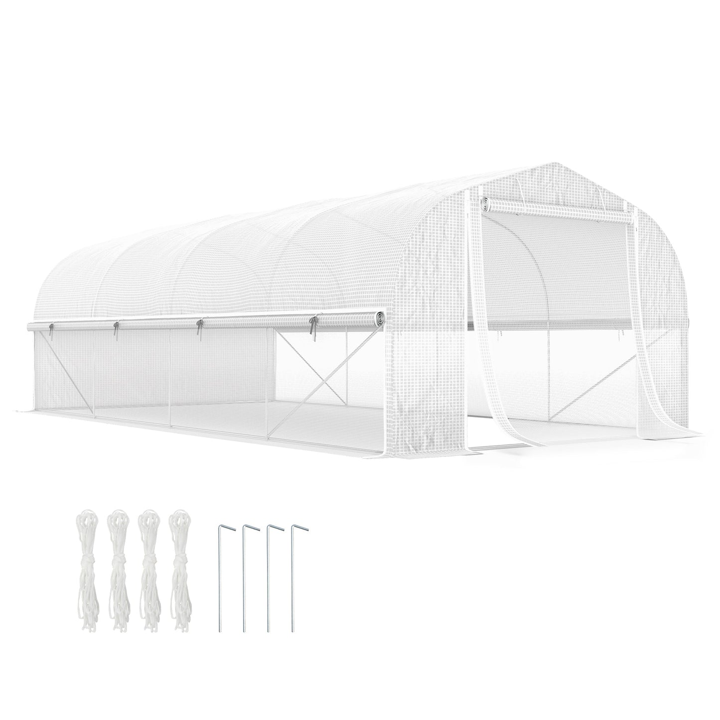19.5' x 10' x 6.6' Walk-in Tunnel Greenhouse with Roll-up Mesh Sidewalls, Mesh Door, 8 Windows, Outdoor Green House Plant Hot House Tent with Galvanized Steel Frame, White