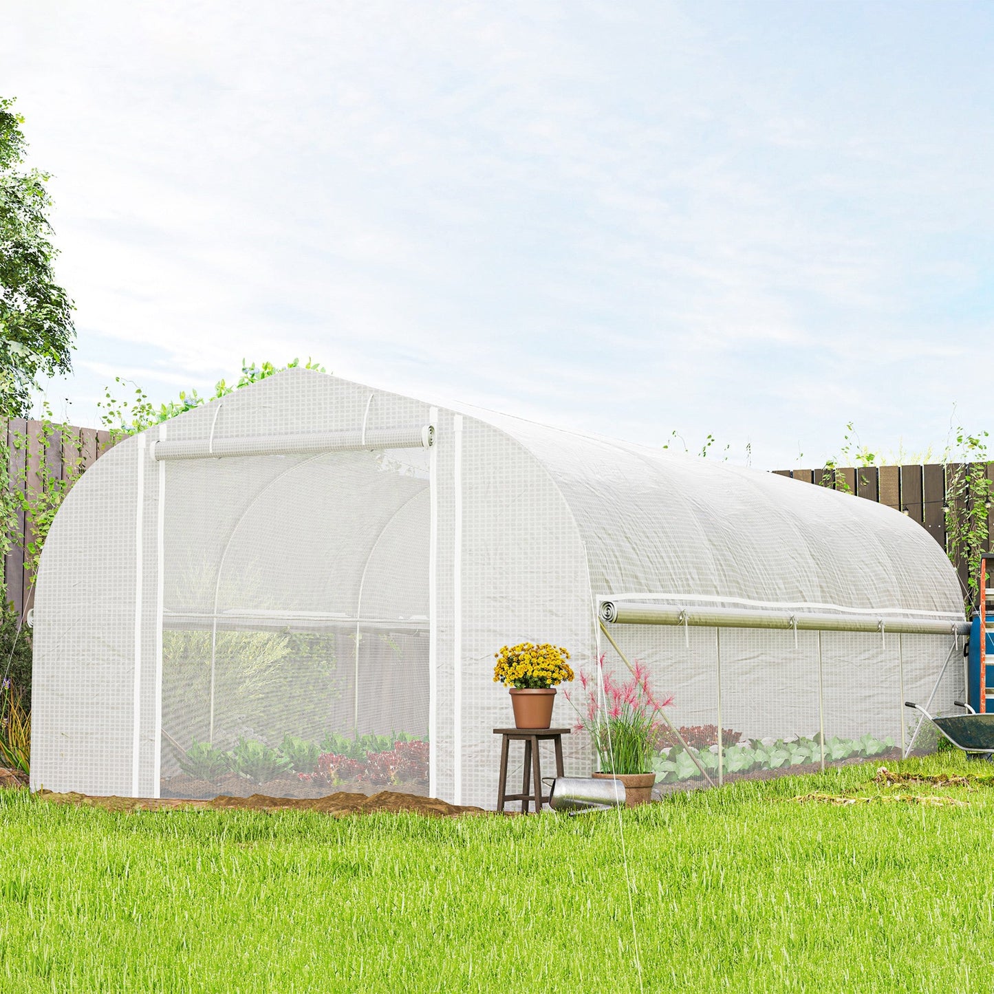 19.5' x 10' x 6.6' Walk-in Tunnel Greenhouse with Roll-up Mesh Sidewalls, Mesh Door, 8 Windows, Outdoor Green House Plant Hot House Tent with Galvanized Steel Frame, White