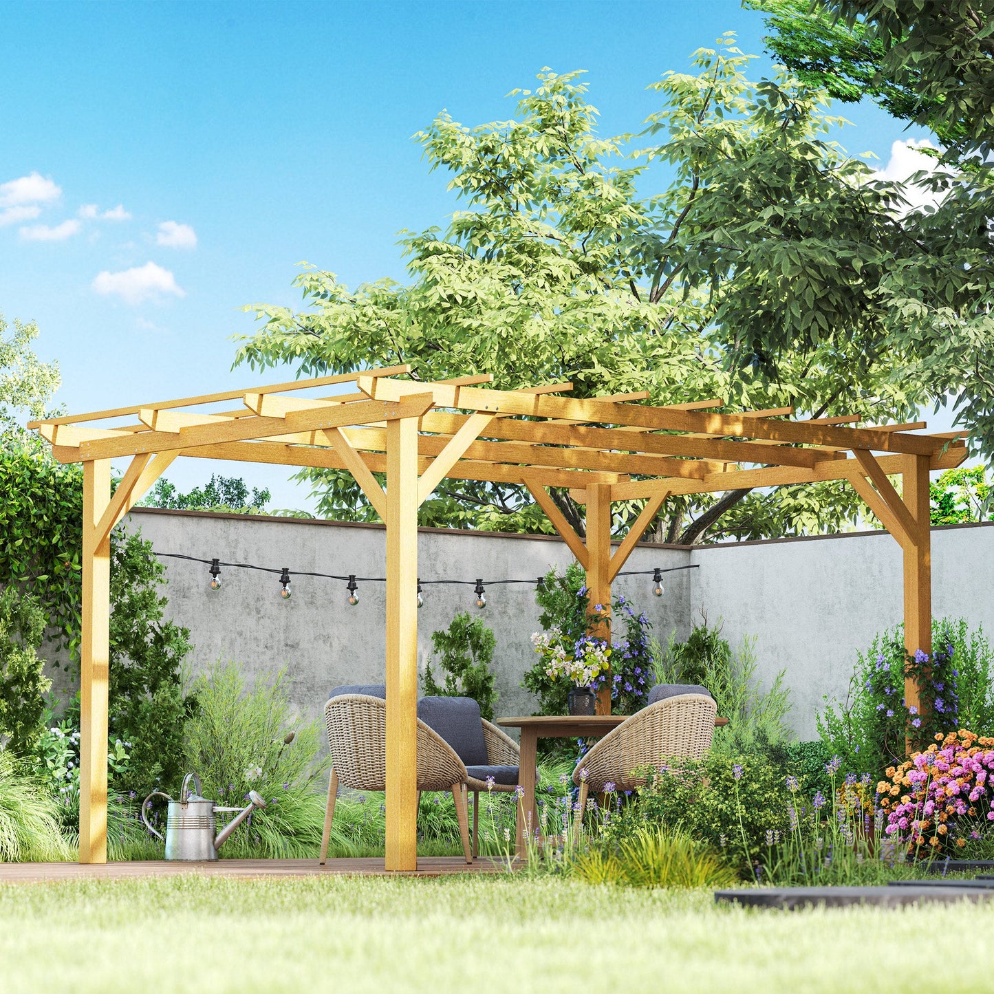 10' x 13' Outdoor Pergola, Wood Gazebo Grape Trellis with Stable Structure and Concrete Anchors for Climbing Plant Support, Garden, Patio, Backyard, Deck, Nature Wood