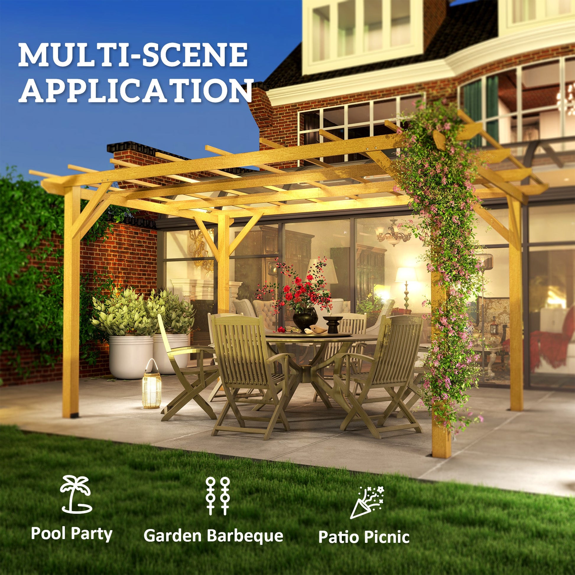 10' x 13' Outdoor Pergola, Wood Gazebo Grape Trellis with Stable Structure and Concrete Anchors for Climbing Plant Support, Garden, Patio, Backyard, Deck, Nature Wood