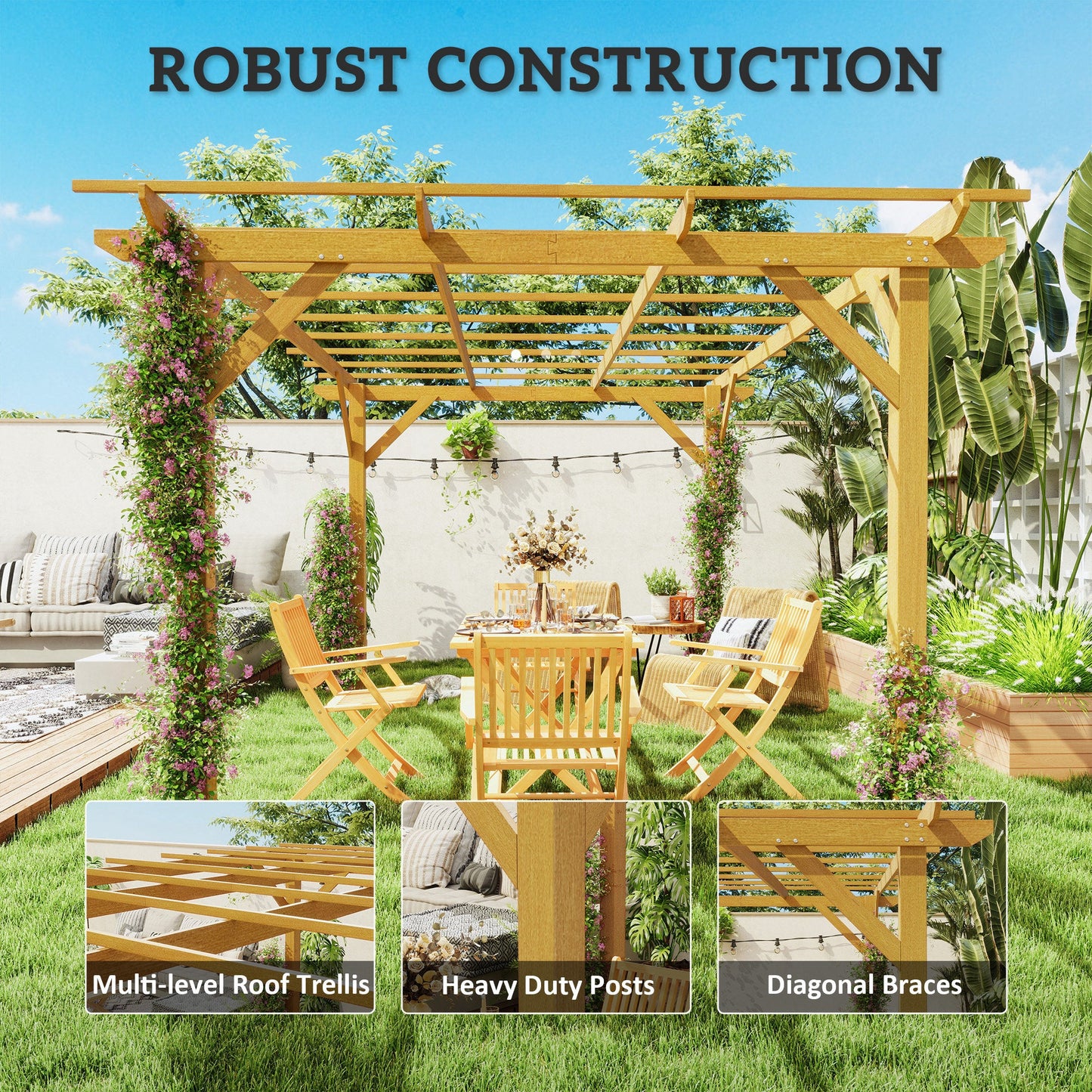 10' x 13' Outdoor Pergola, Wood Gazebo Grape Trellis with Stable Structure and Concrete Anchors for Climbing Plant Support, Garden, Patio, Backyard, Deck, Nature Wood