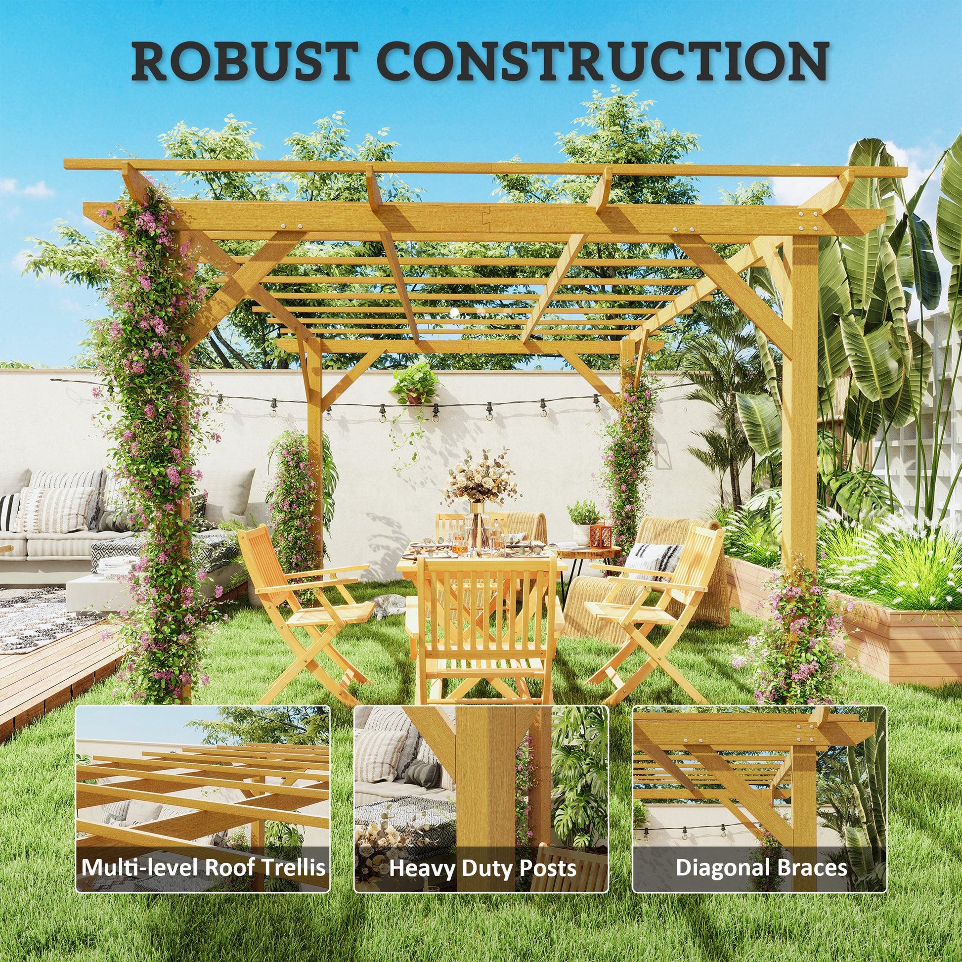 10' x 13' Outdoor Pergola, Wood Gazebo Grape Trellis with Stable Structure and Concrete Anchors for Climbing Plant Support, Garden, Patio, Backyard, Deck, Nature Wood