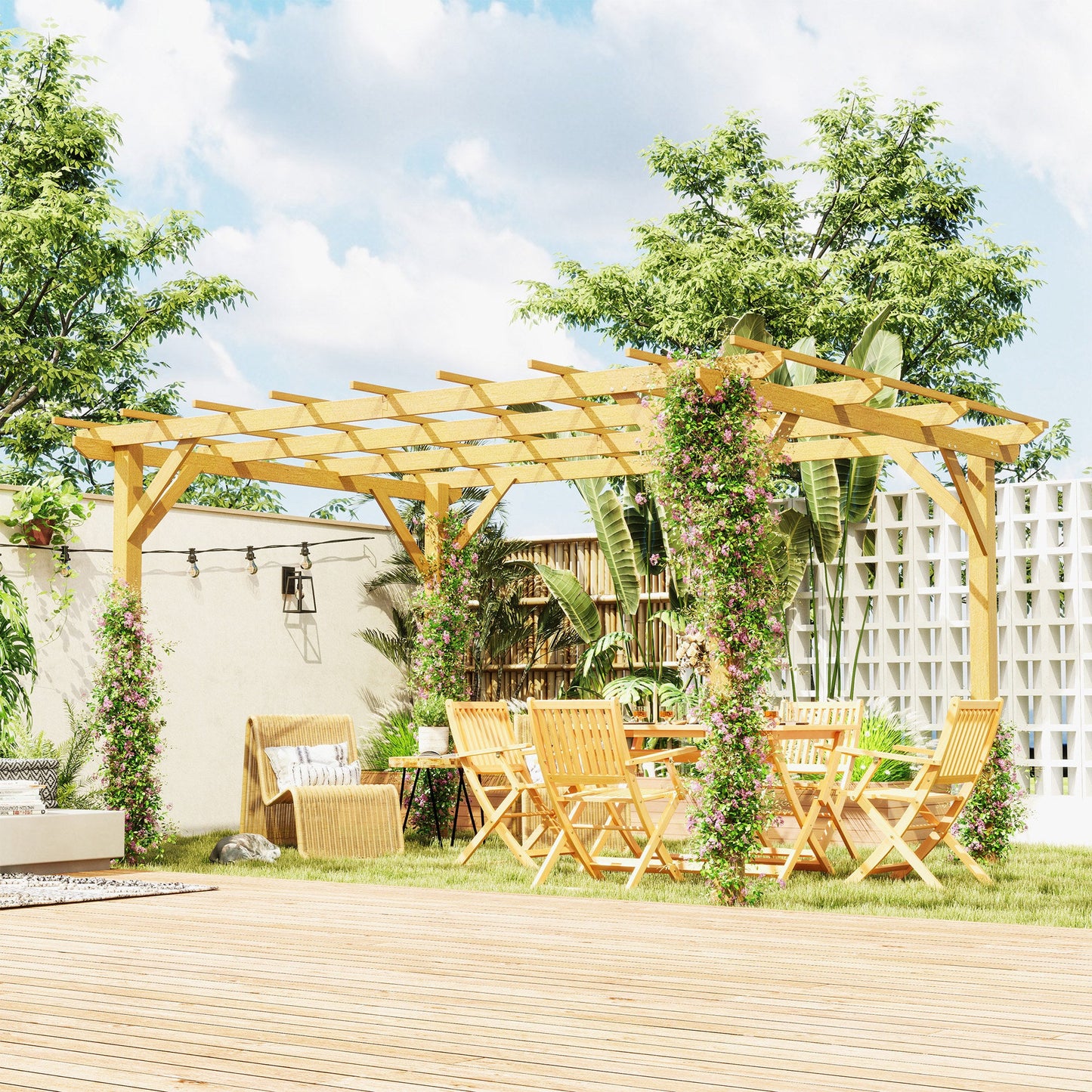 10' x 13' Outdoor Pergola, Wood Gazebo Grape Trellis with Stable Structure and Concrete Anchors for Climbing Plant Support, Garden, Patio, Backyard, Deck, Nature Wood