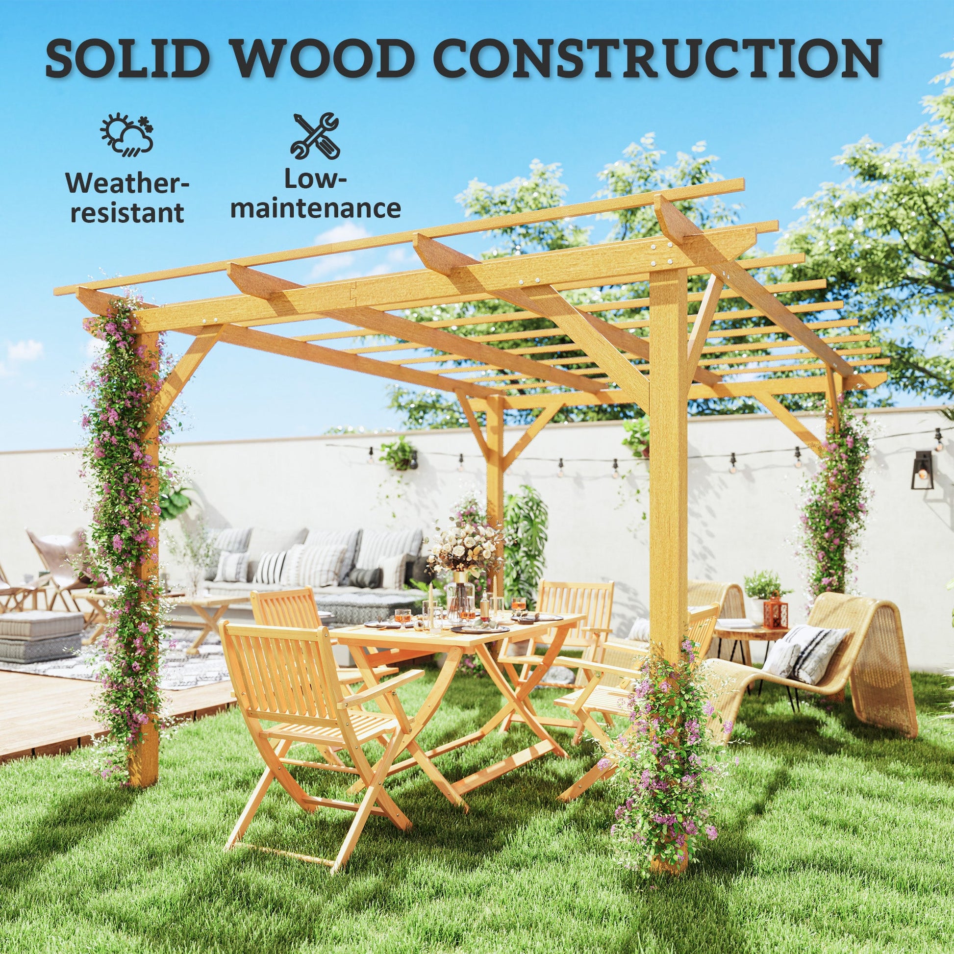10' x 13' Outdoor Pergola, Wood Gazebo Grape Trellis with Stable Structure and Concrete Anchors for Climbing Plant Support, Garden, Patio, Backyard, Deck, Nature Wood