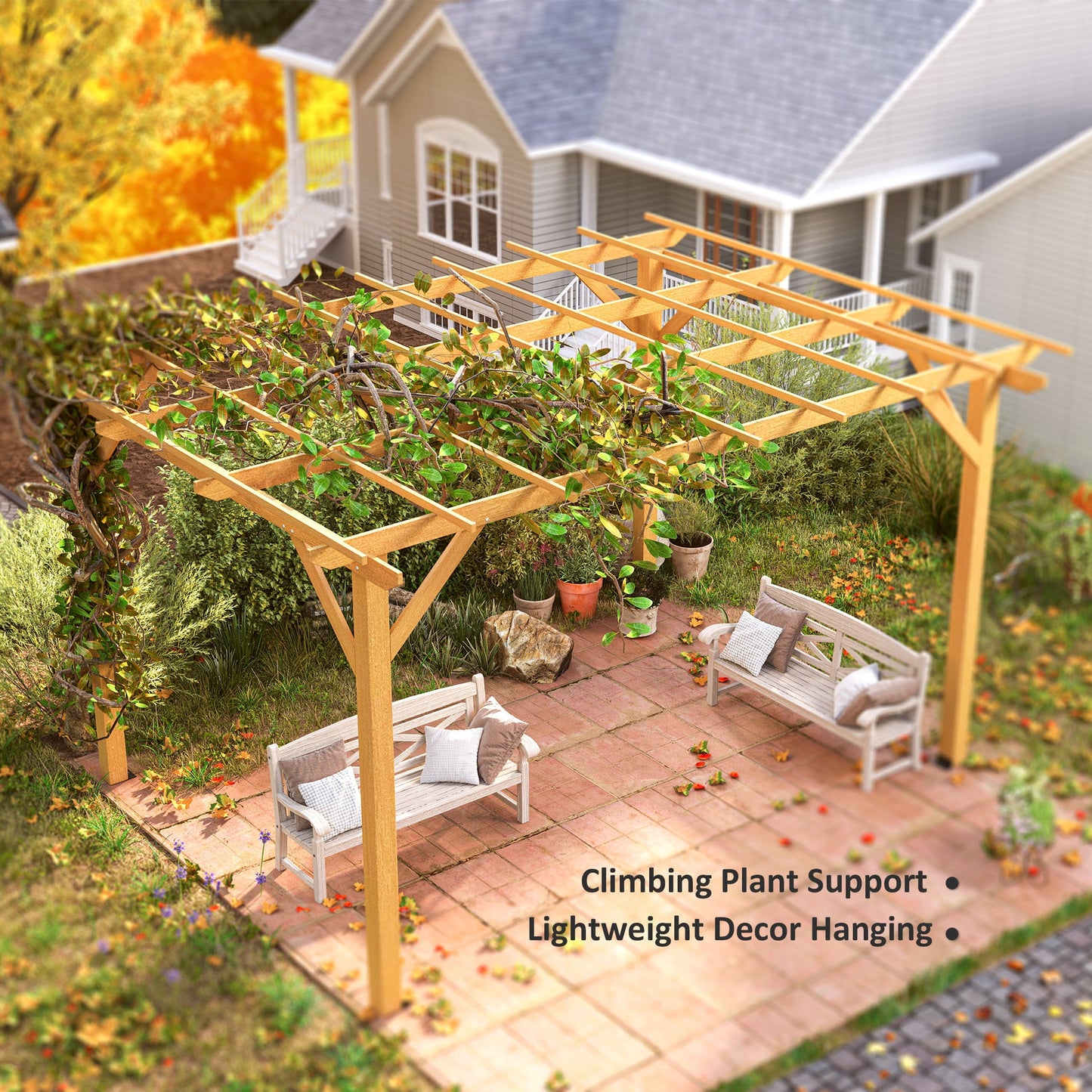 10' x 13' Outdoor Pergola, Wood Gazebo Grape Trellis with Stable Structure and Concrete Anchors for Climbing Plant Support, Garden, Patio, Backyard, Deck, Nature Wood