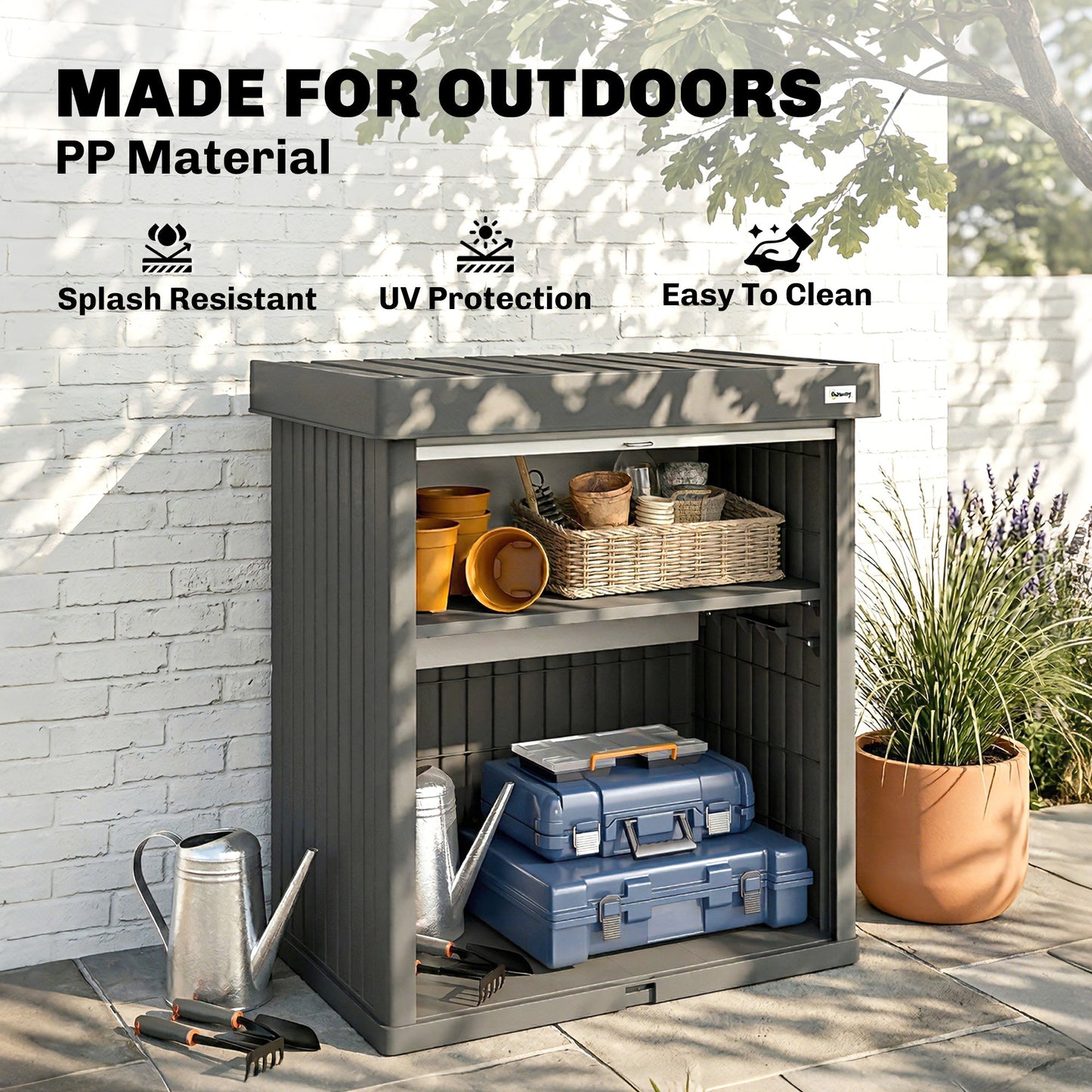 82 Gallon Outdoor Storage Box, Plastic Deck Box with Roll up Door and Removable Shelf, Splash-Resistant & UV Resistant Garden Storage Container for Patio, Porch, Grey