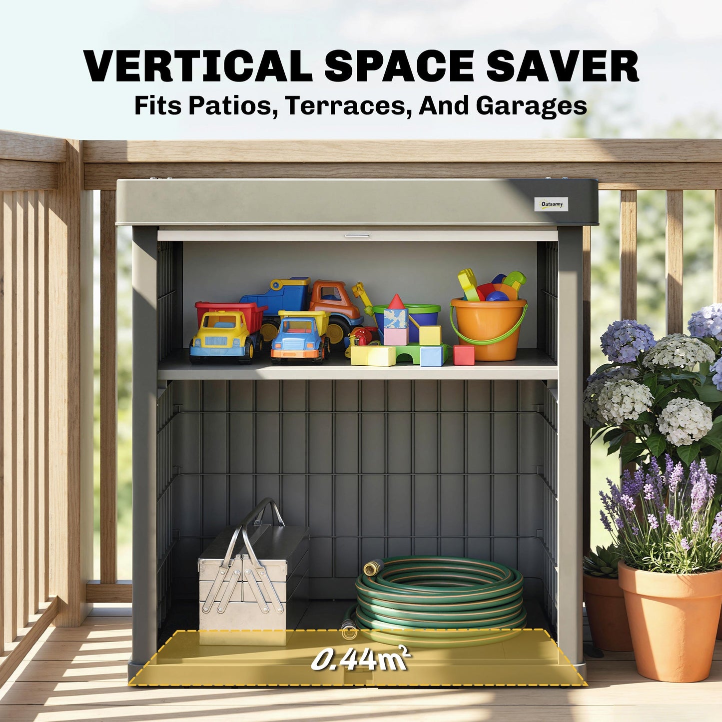 82 Gallon Outdoor Storage Box, Plastic Deck Box with Roll up Door and Removable Shelf, Splash-Resistant & UV Resistant Garden Storage Container for Patio, Porch, Grey