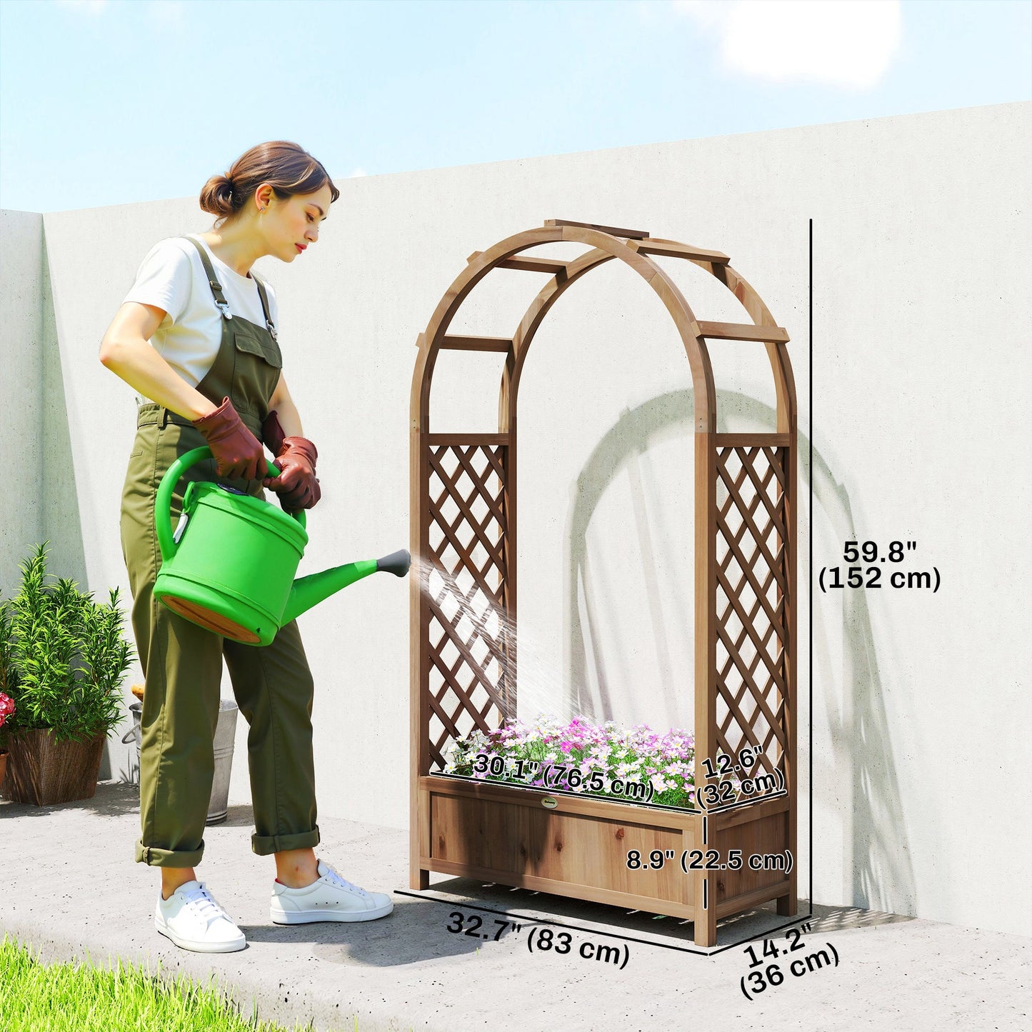 Raised Garden Bed with Arch Trellis, 59.8" Freestanding Garden Planter Box, Outdoor Planter Container for Vine Climbing Plant Flower Herb, Dark Brown Wood Effect