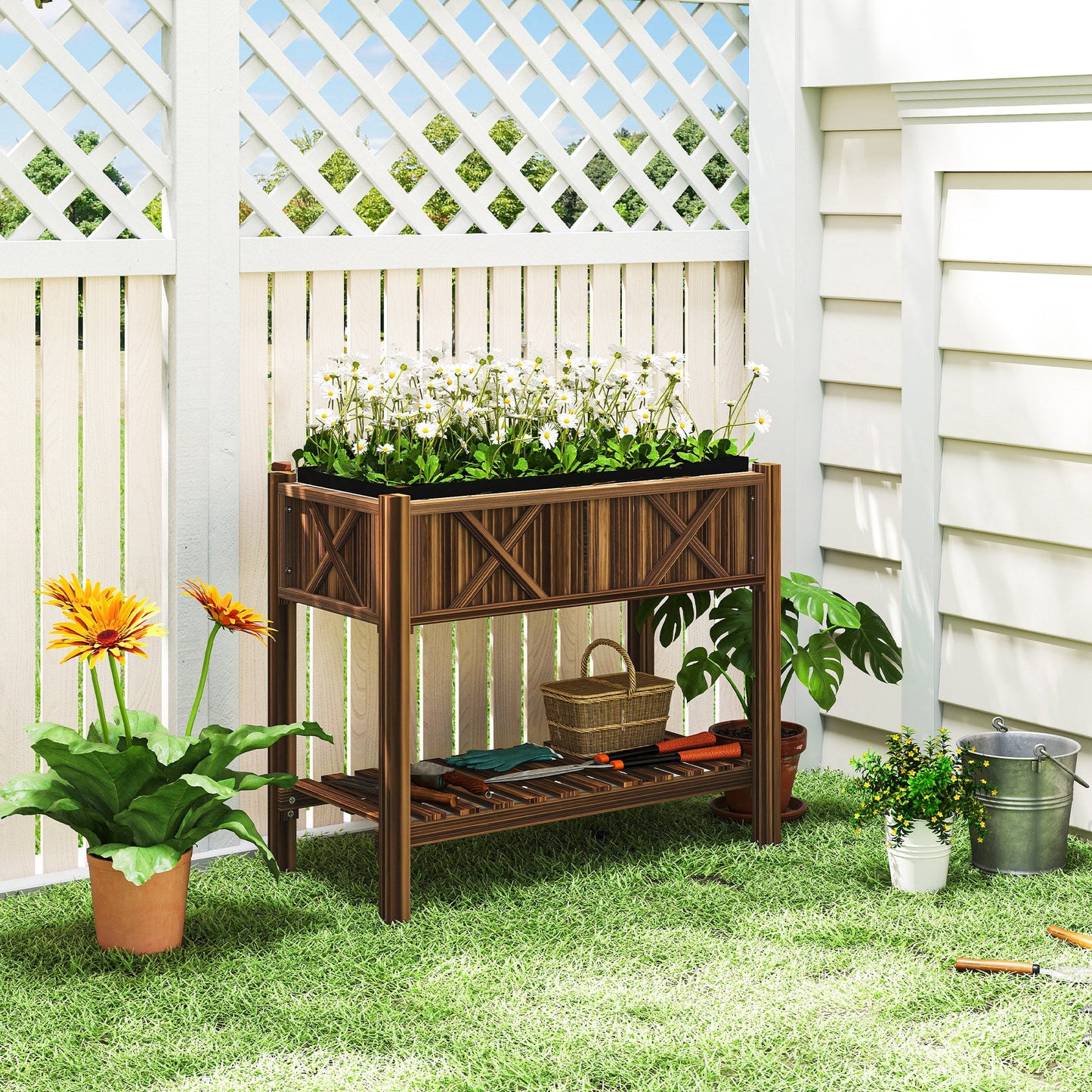 Wooden Raised Garden Bed, Elevated Planter Box with Storage Shelf, Drainage Holes and Liner for Backyard, Patio, Balcony, 34" x 18" x 30", Carbonized