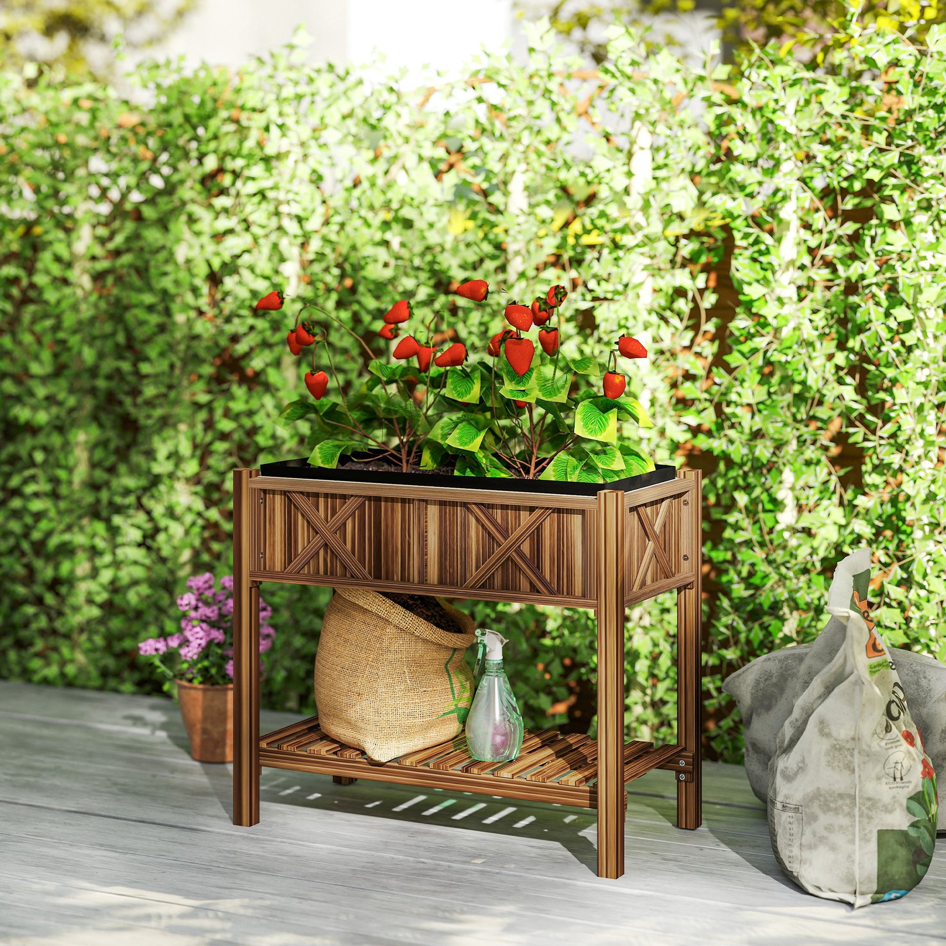 Wooden Raised Garden Bed, Elevated Planter Box with Storage Shelf, Drainage Holes and Liner for Backyard, Patio, Balcony, 34" x 18" x 30", Carbonized