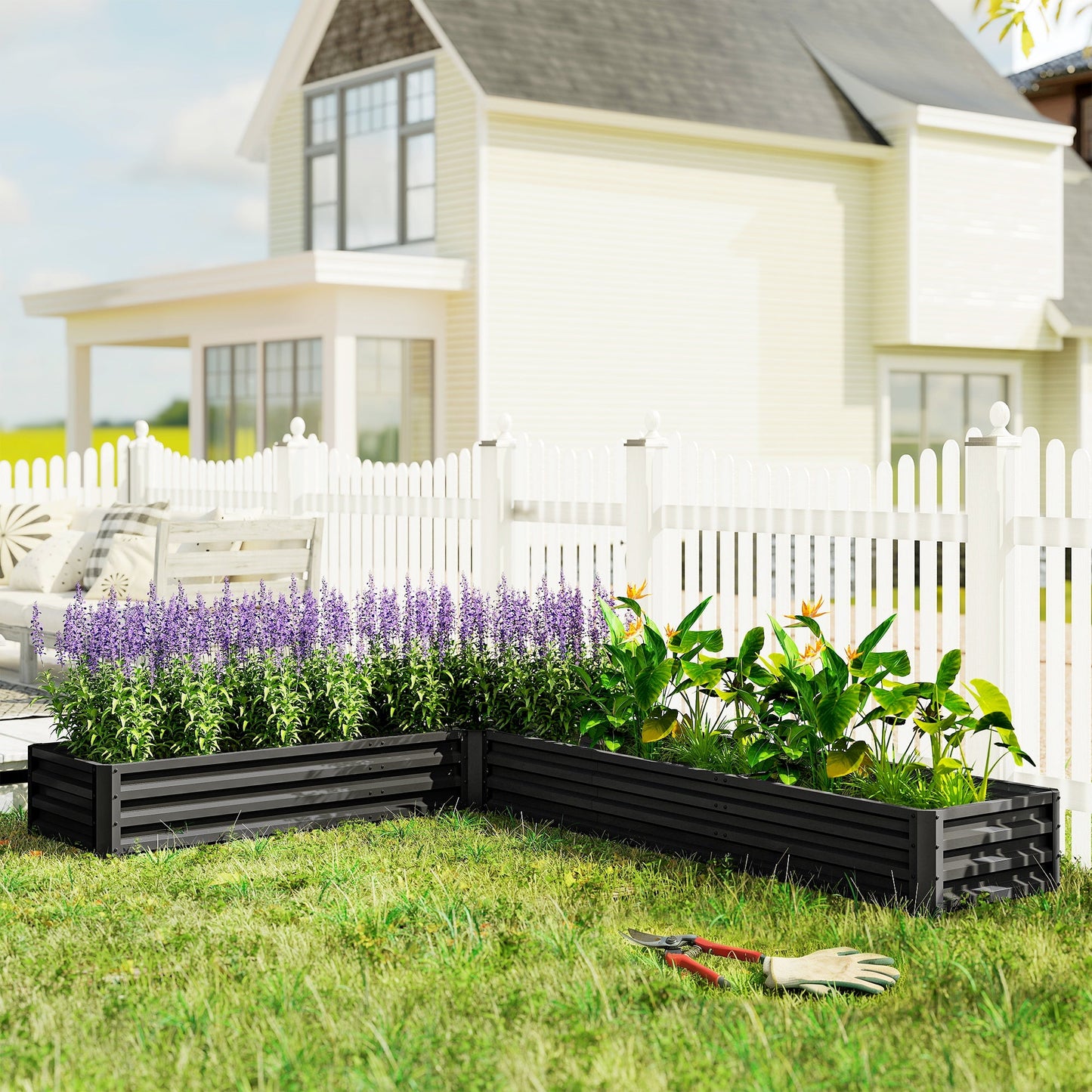 L-Shaped Raised Garden Bed, 82" x 109" x 12" Galvanized Steel Planter Box with Multi-reinforced Rods for Vegetables, Flowers and Herbs, Black