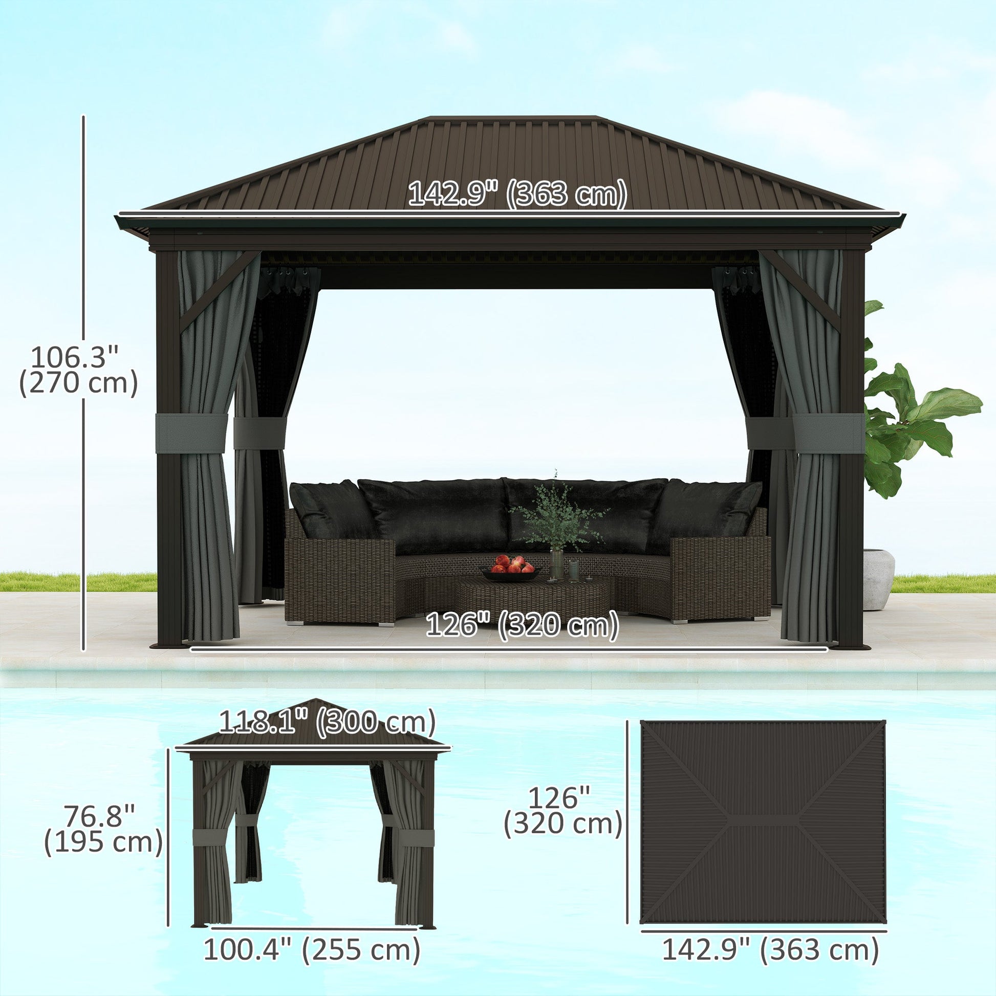 10' x 12' Hardtop Gazebo Canopy with Galvanized Steel Roof, Aluminum Frame, Permanent Pavilion Outdoor Gazebo with Netting, Curtains, Top Hook, Dark Grey