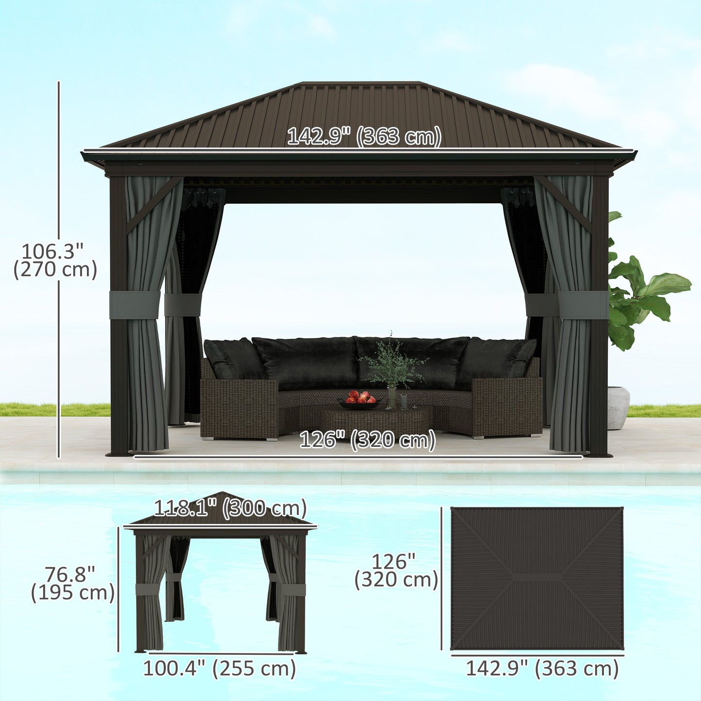 10' x 12' Hardtop Gazebo Canopy with Galvanized Steel Roof, Aluminum Frame, Permanent Pavilion Outdoor Gazebo with Netting, Curtains, Top Hook, Dark Grey