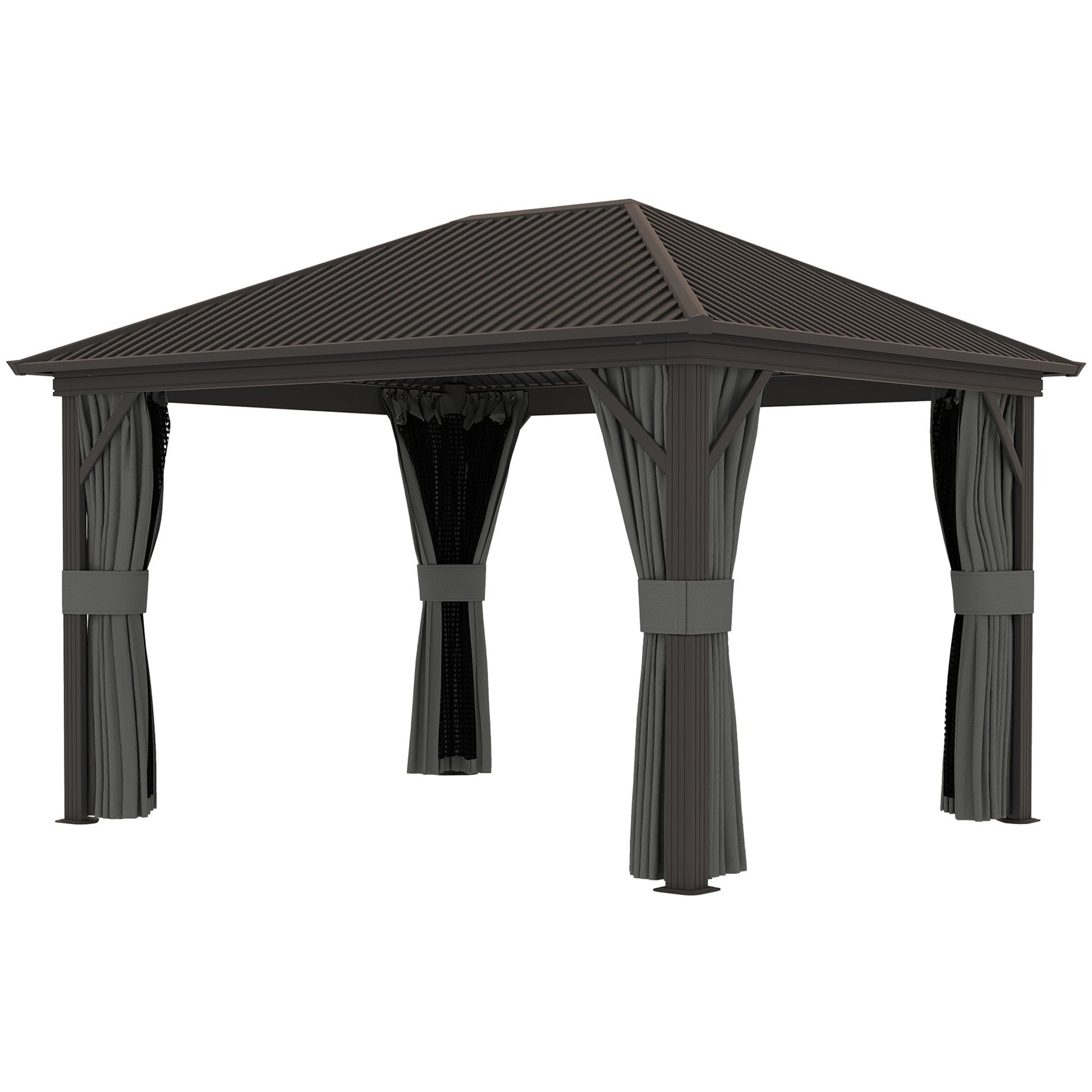 10' x 12' Hardtop Gazebo Canopy with Galvanized Steel Roof, Aluminum Frame, Permanent Pavilion Outdoor Gazebo with Netting, Curtains, Top Hook, Dark Grey