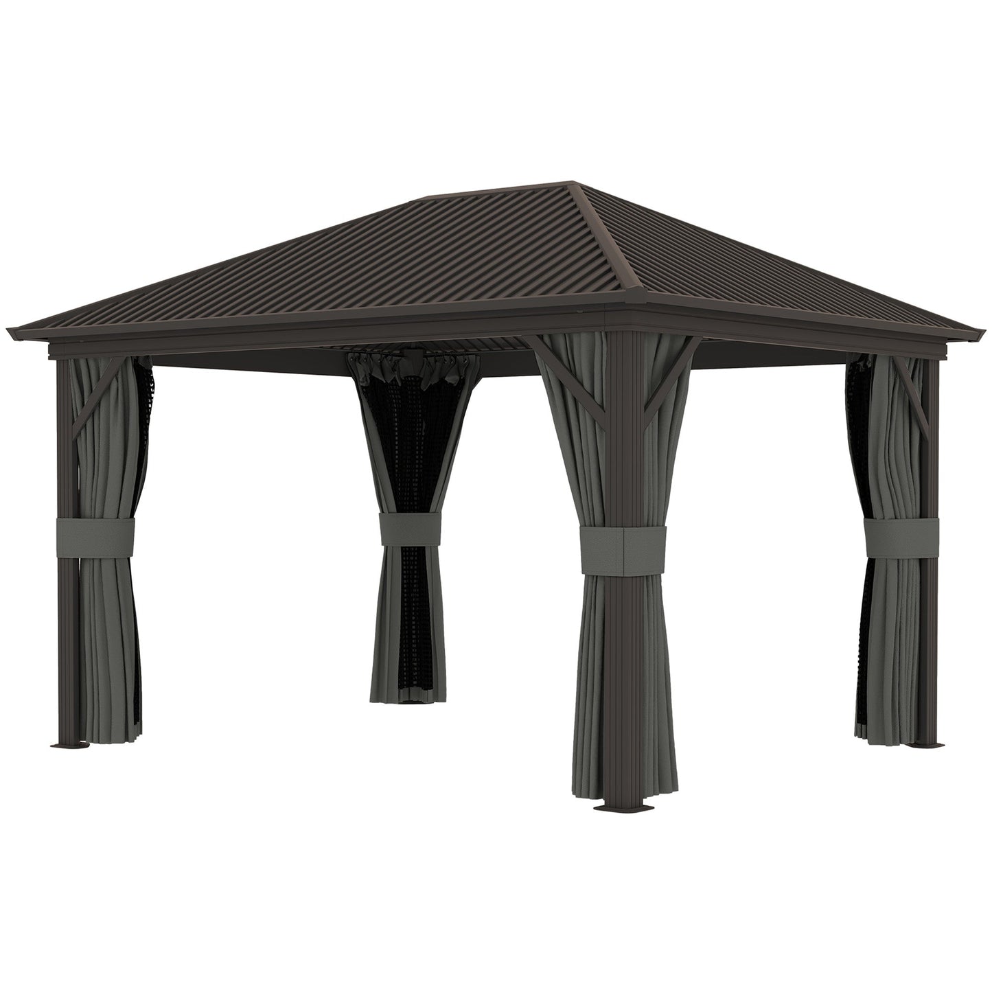 10' x 12' Hardtop Gazebo Canopy with Galvanized Steel Roof, Aluminum Frame, Permanent Pavilion Outdoor Gazebo with Netting, Curtains, Top Hook, Dark Grey