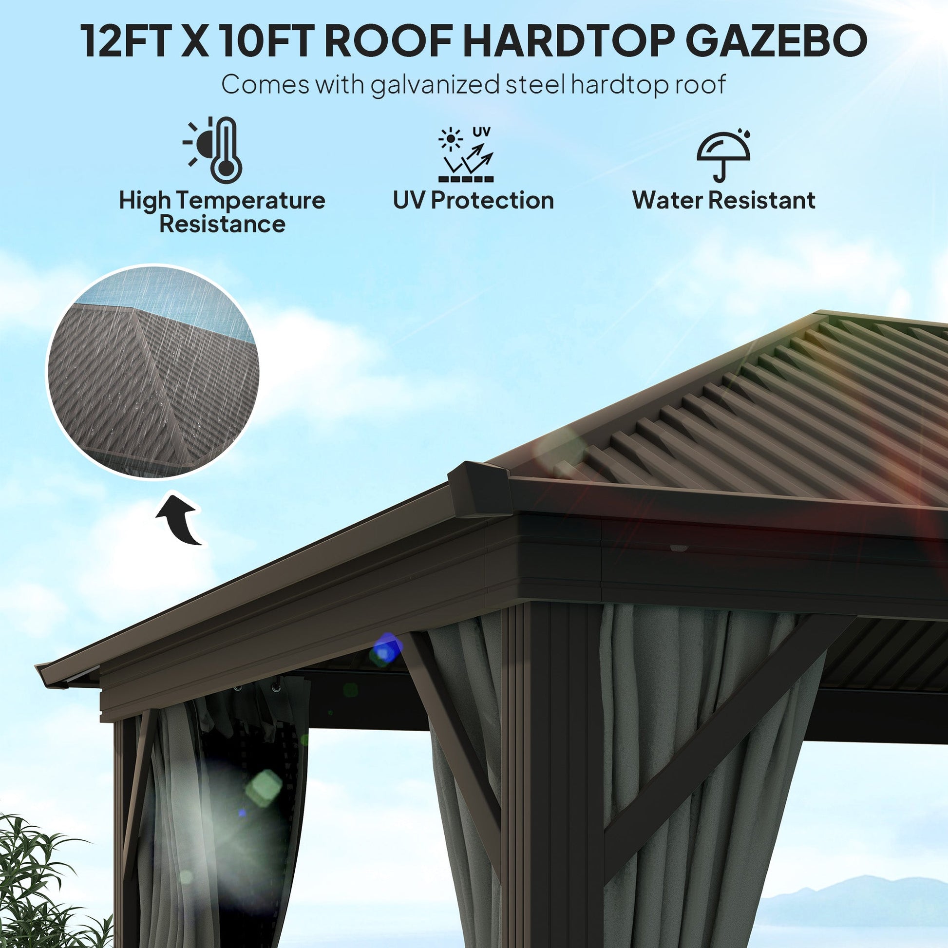 10' x 12' Hardtop Gazebo Canopy with Galvanized Steel Roof, Aluminum Frame, Permanent Pavilion Outdoor Gazebo with Netting, Curtains, Top Hook, Dark Grey