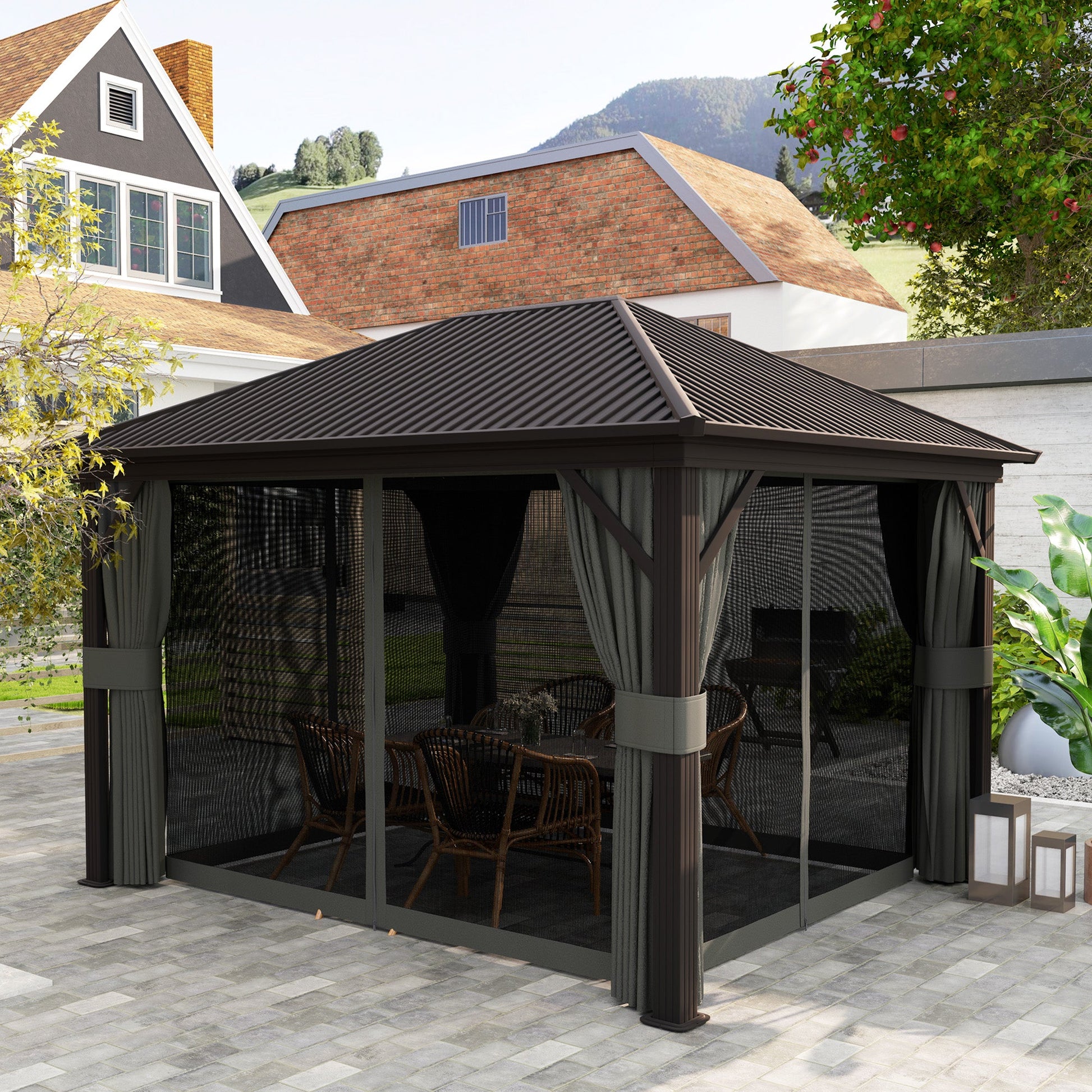 10' x 12' Hardtop Gazebo Canopy with Galvanized Steel Roof, Aluminum Frame, Permanent Pavilion Outdoor Gazebo with Netting, Curtains, Top Hook, Dark Grey