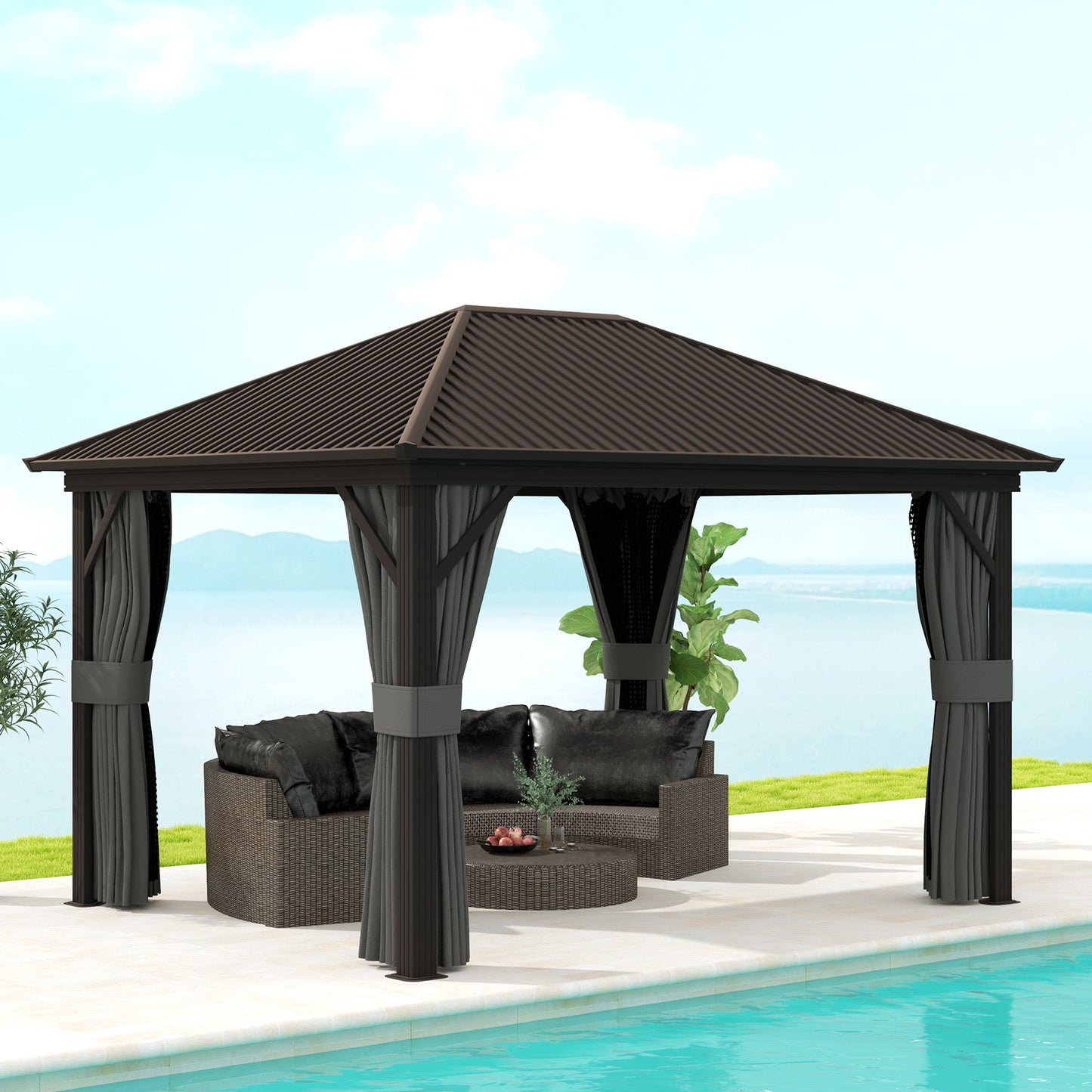 10' x 12' Hardtop Gazebo Canopy with Galvanized Steel Roof, Aluminum Frame, Permanent Pavilion Outdoor Gazebo with Netting, Curtains, Top Hook, Dark Grey