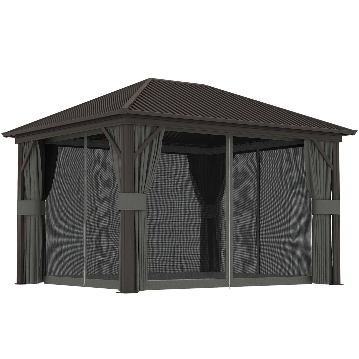10' x 12' Hardtop Gazebo Canopy with Galvanized Steel Roof, Aluminum Frame, Permanent Pavilion Outdoor Gazebo with Netting, Curtains, Top Hook, Dark Grey