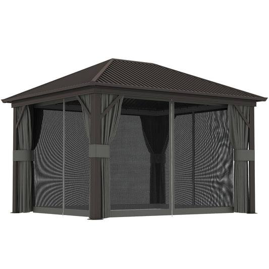 10' x 12' Hardtop Gazebo Canopy with Galvanized Steel Roof, Aluminum Frame, Permanent Pavilion Outdoor Gazebo with Netting, Curtains, Top Hook, Dark Grey
