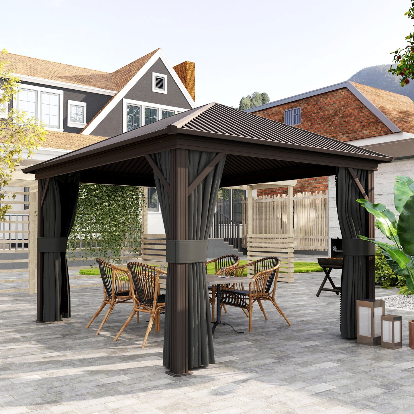 10' x 12' Hardtop Gazebo Canopy with Galvanized Steel Roof, Aluminum Frame, Permanent Pavilion Outdoor Gazebo with Netting, Curtains, Top Hook, Dark Grey
