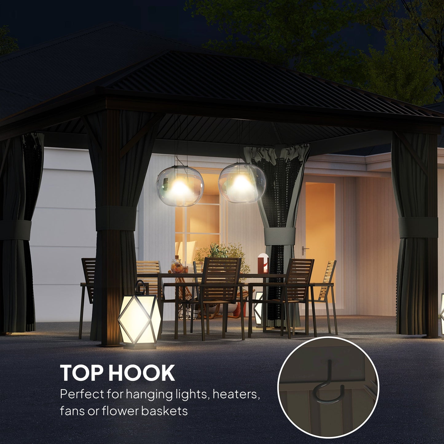 10' x 12' Hardtop Gazebo Canopy with Galvanized Steel Roof, Aluminum Frame, Permanent Pavilion Outdoor Gazebo with Netting, Curtains, Top Hook, Dark Grey