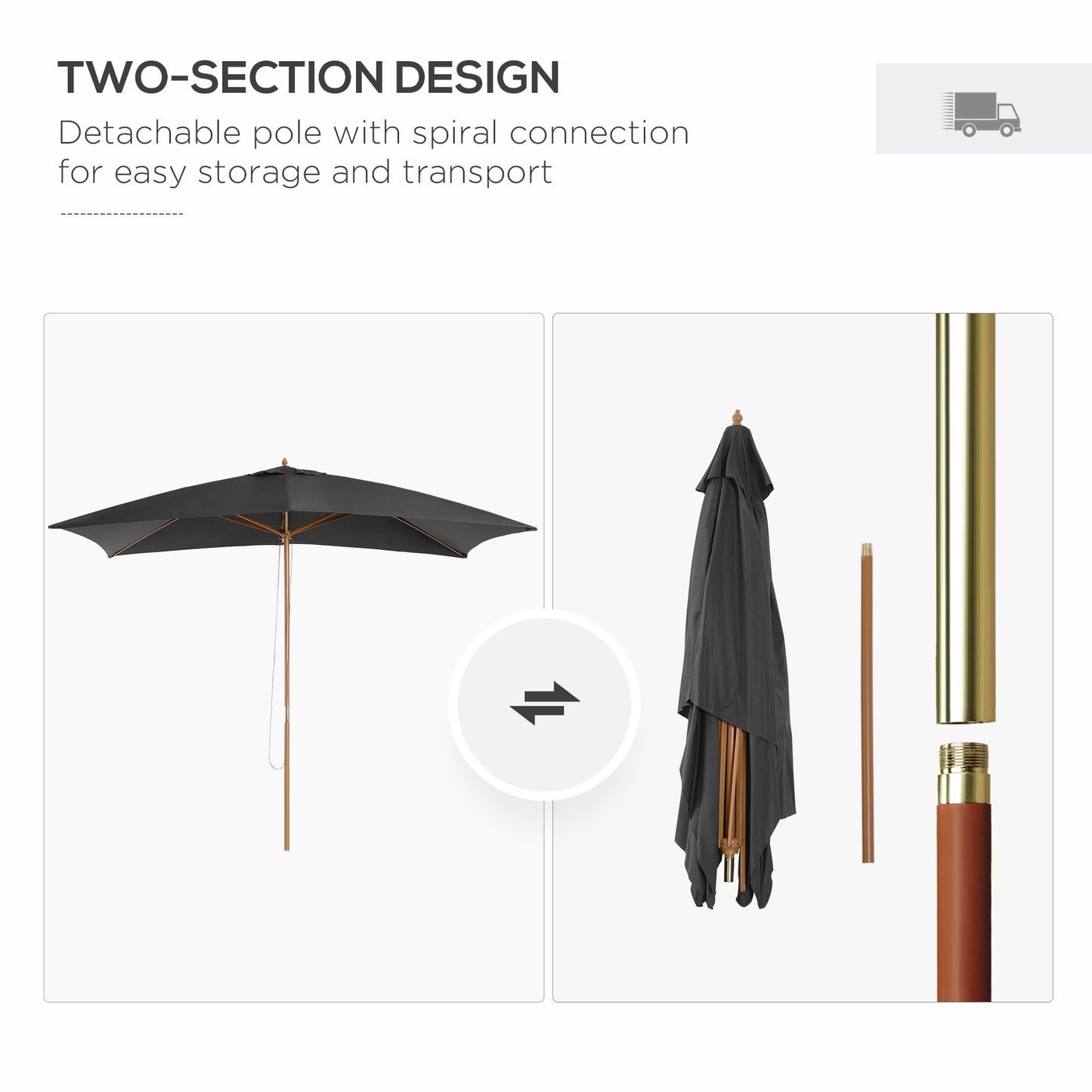7' x 10' Wooden Patio Umbrella, Rectangular Garden Parasol, Market Table Umbrella with Top Vent, Dark Grey