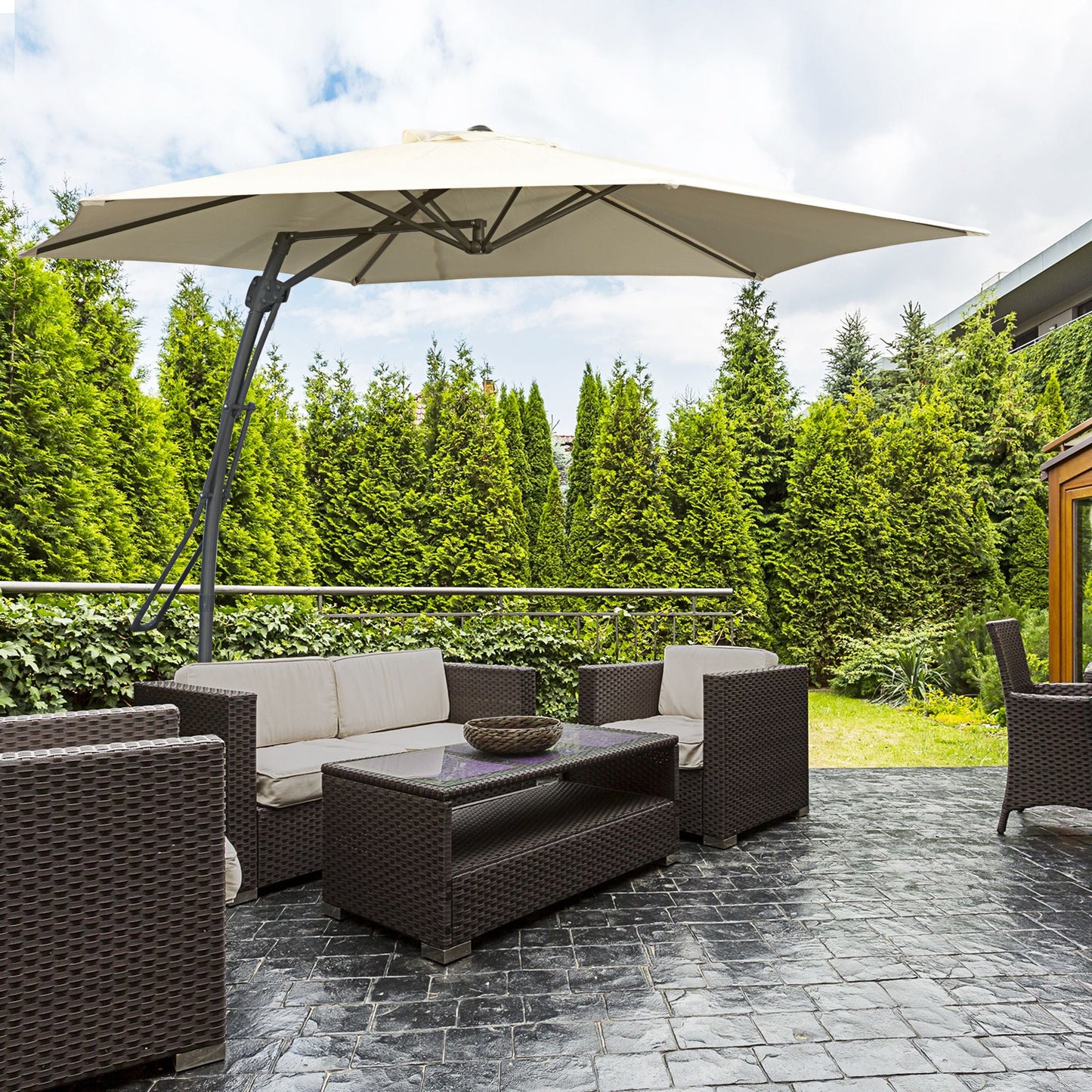 9.6ft Cantilever Patio Umbrella with Easy Lever, Offset Umbrella with Crank Handle, Cross Base, 6 Metal Ribs, Outdoor Sun Shade for Garden, Deck, Cream White