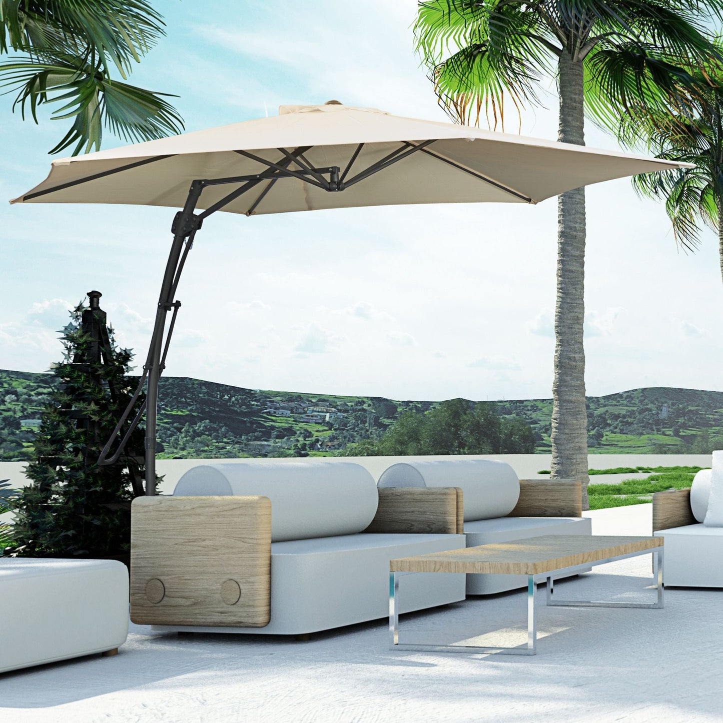 9.6ft Cantilever Patio Umbrella with Easy Lever, Offset Umbrella with Crank Handle, Cross Base, 6 Metal Ribs, Outdoor Sun Shade for Garden, Deck, Cream White