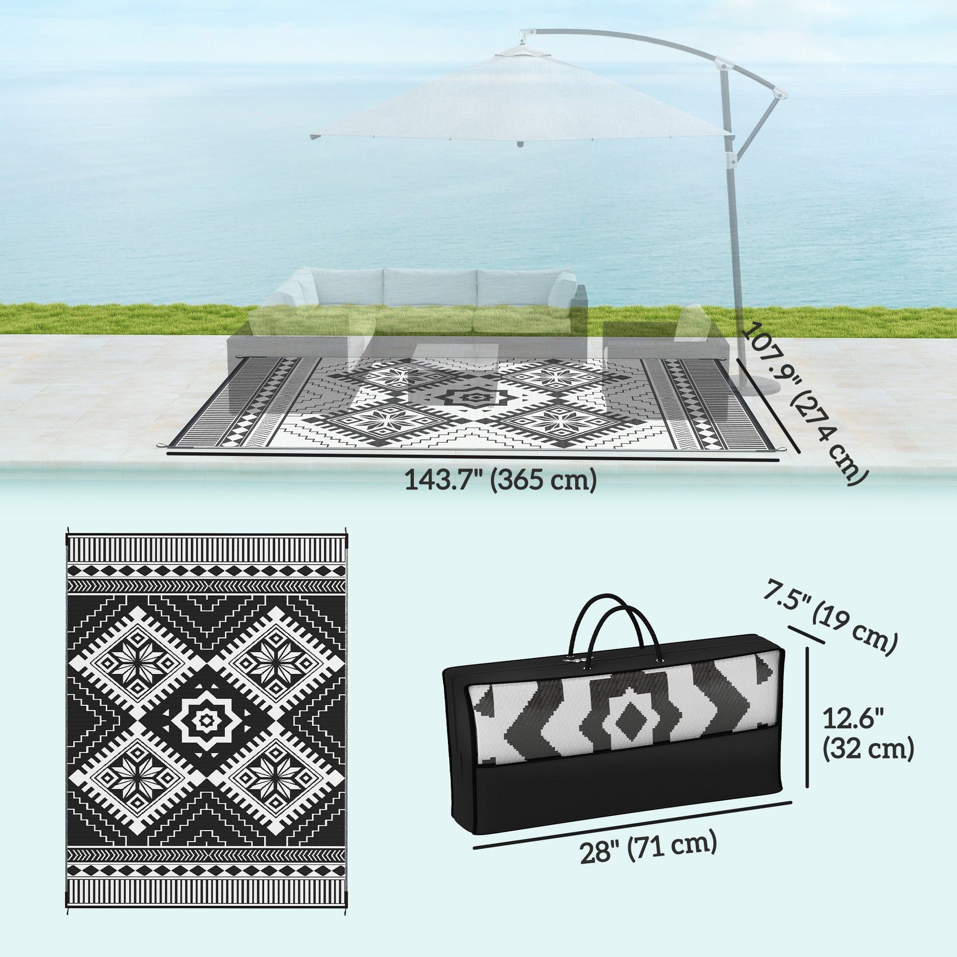Reversible Outdoor RV Rug with Carry Bag, 9' x 12' Patio Floor Mat, Plastic Straw Rug for Backyard, Deck, Picnic, Beach, Camping, Toothed Rhombus, White and Black