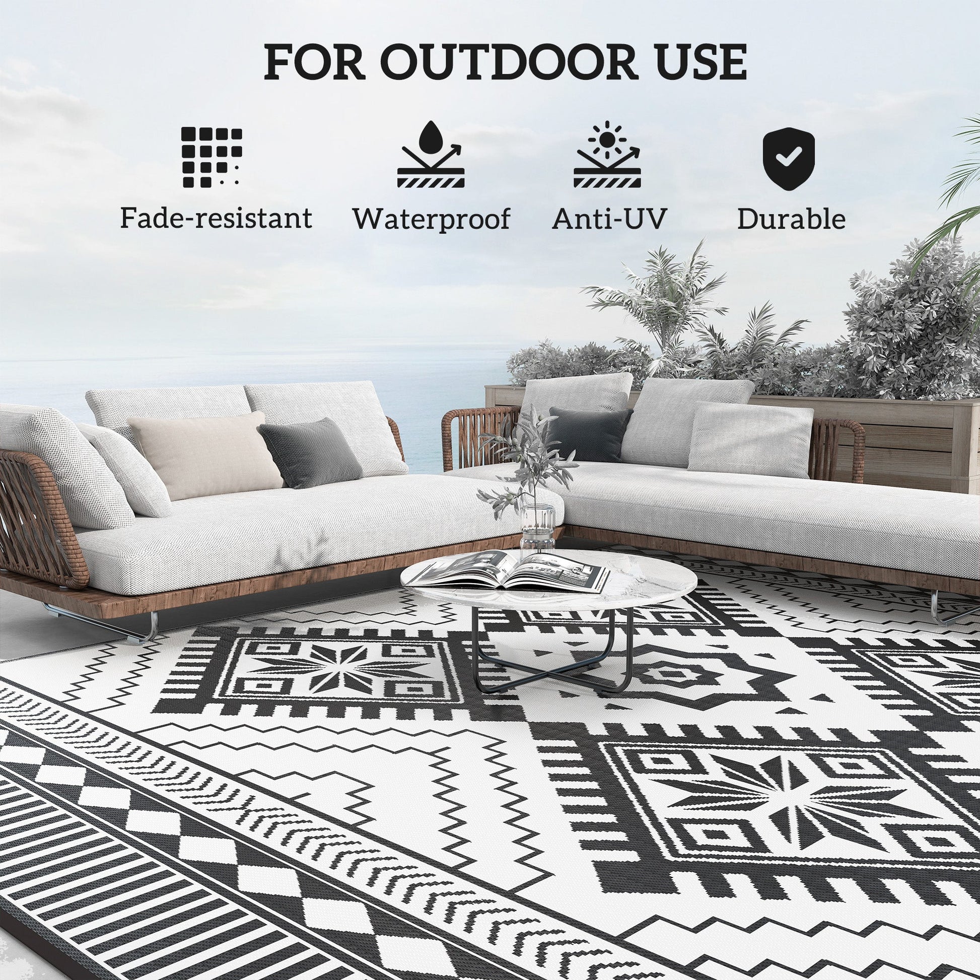 Reversible Outdoor RV Rug with Carry Bag, 9' x 12' Patio Floor Mat, Plastic Straw Rug for Backyard, Deck, Picnic, Beach, Camping, Toothed Rhombus, White and Black