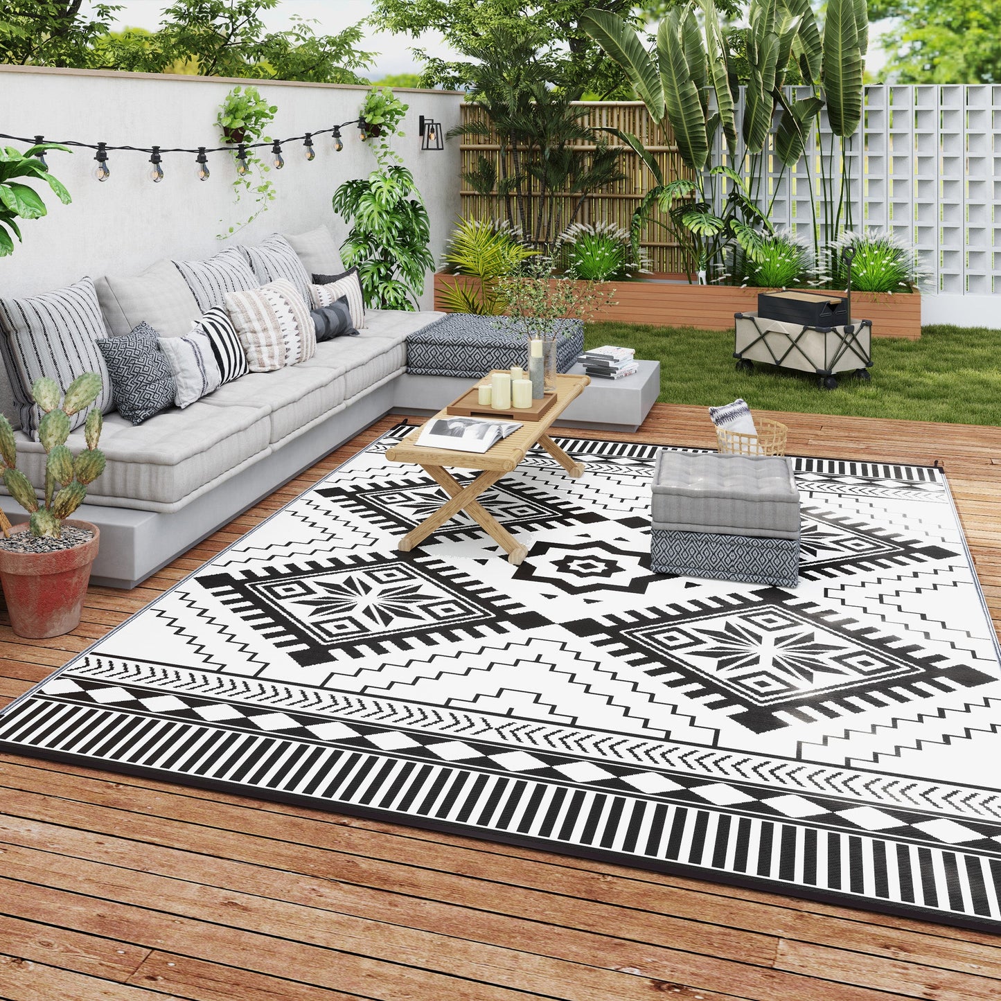 Reversible Outdoor RV Rug with Carry Bag, 9' x 12' Patio Floor Mat, Plastic Straw Rug for Backyard, Deck, Picnic, Beach, Camping, Toothed Rhombus, White and Black
