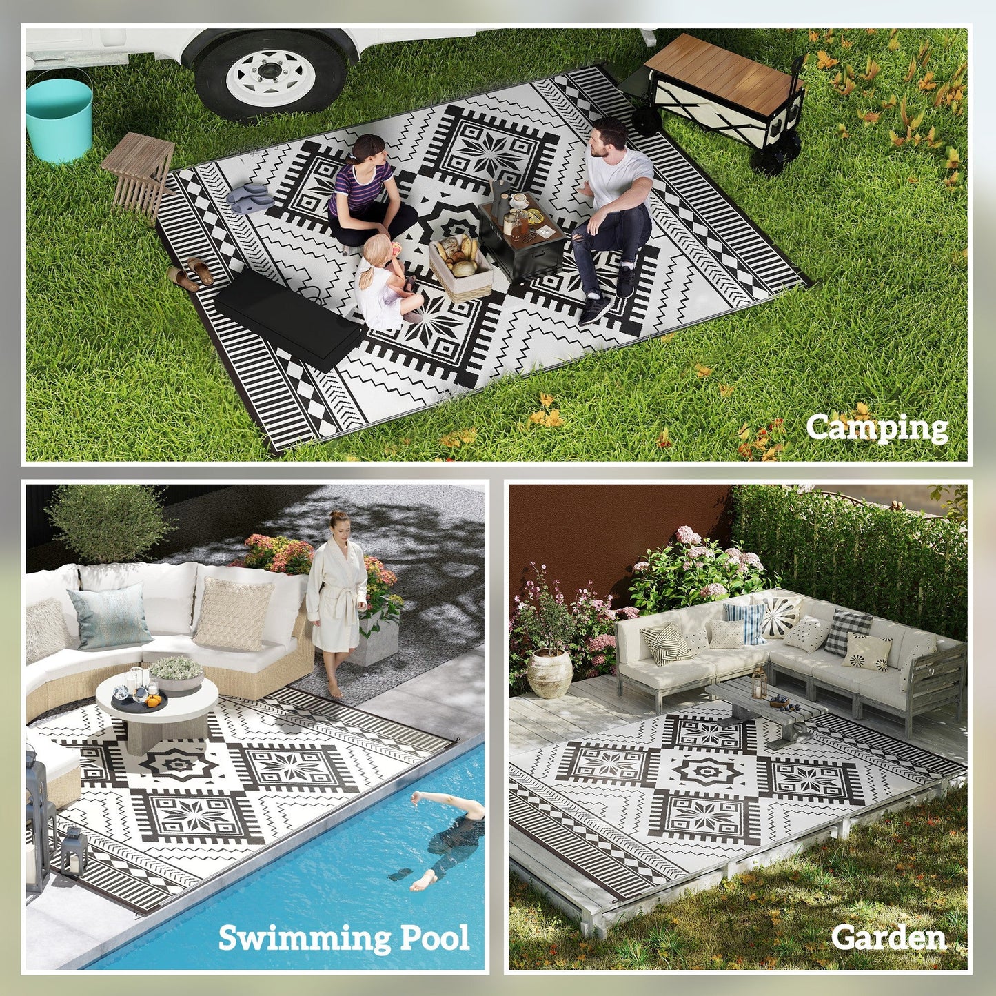 Reversible Outdoor RV Rug with Carry Bag, 9' x 12' Patio Floor Mat, Plastic Straw Rug for Backyard, Deck, Picnic, Beach, Camping, Toothed Rhombus, White and Black