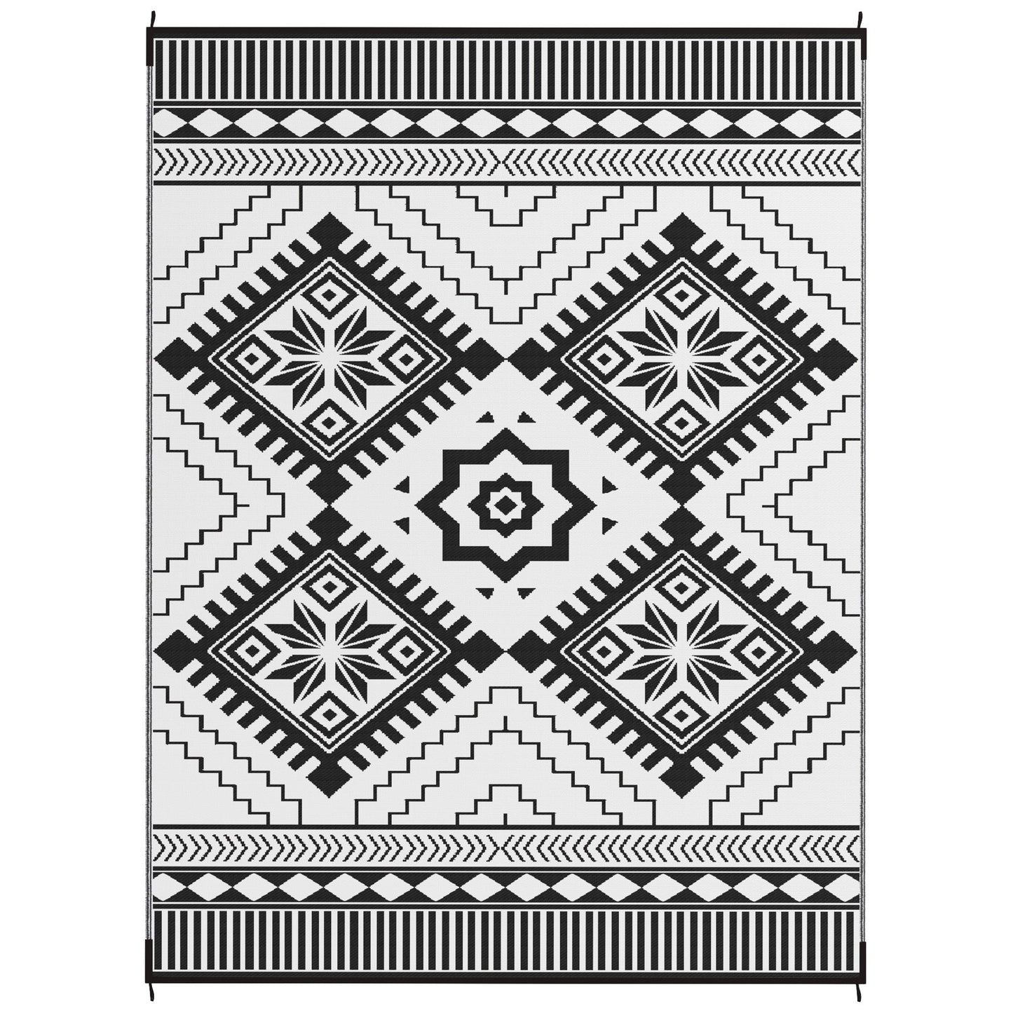 Reversible Outdoor RV Rug with Carry Bag, 9' x 12' Patio Floor Mat, Plastic Straw Rug for Backyard, Deck, Picnic, Beach, Camping, Toothed Rhombus, White and Black