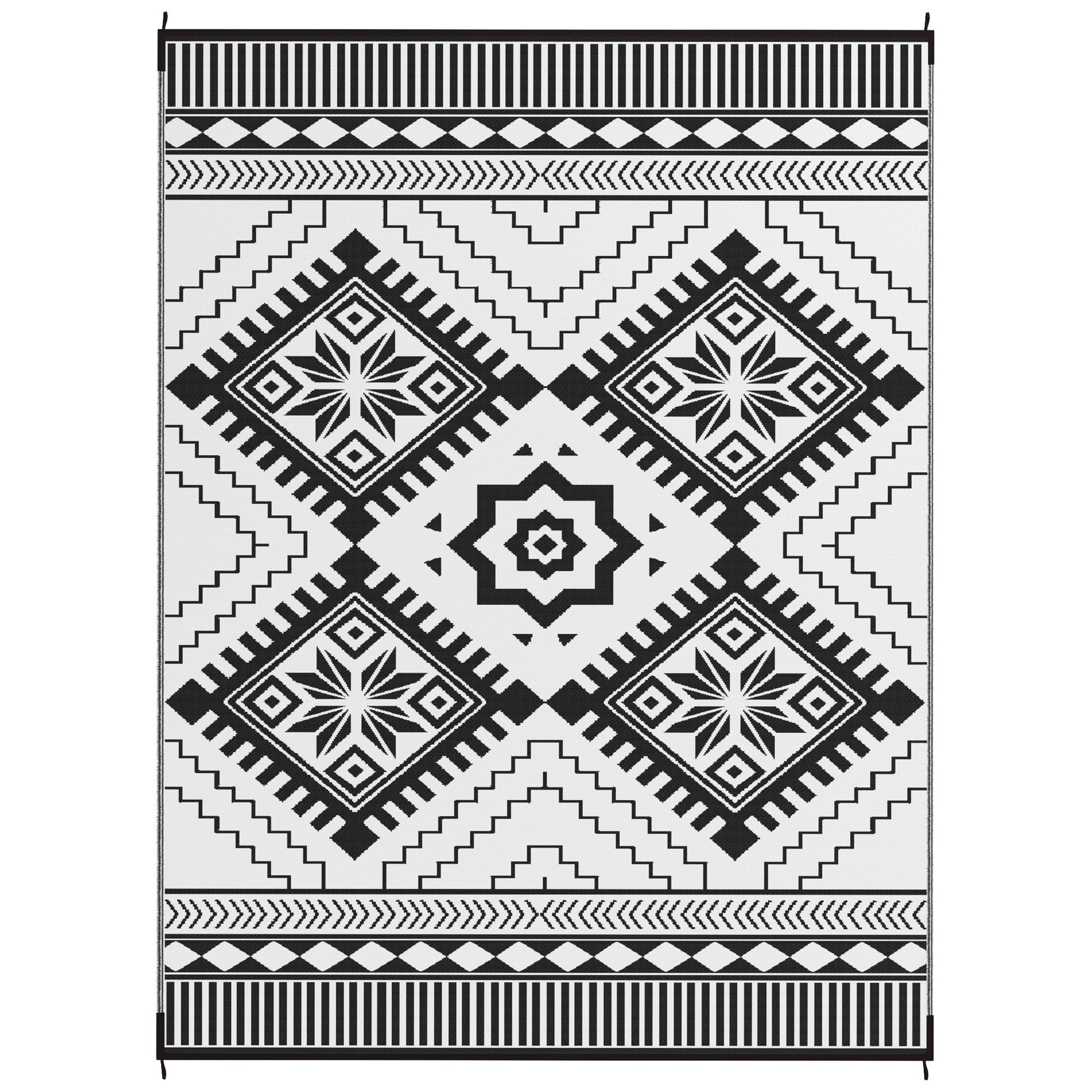 Reversible Outdoor RV Rug with Carry Bag, 9' x 12' Patio Floor Mat, Plastic Straw Rug for Backyard, Deck, Picnic, Beach, Camping, Toothed Rhombus, White and Black
