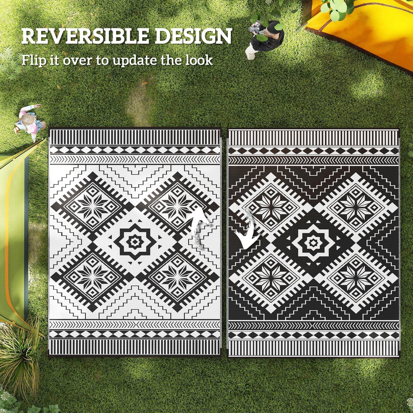 Reversible Outdoor RV Rug with Carry Bag, 9' x 12' Patio Floor Mat, Plastic Straw Rug for Backyard, Deck, Picnic, Beach, Camping, Toothed Rhombus, White and Black