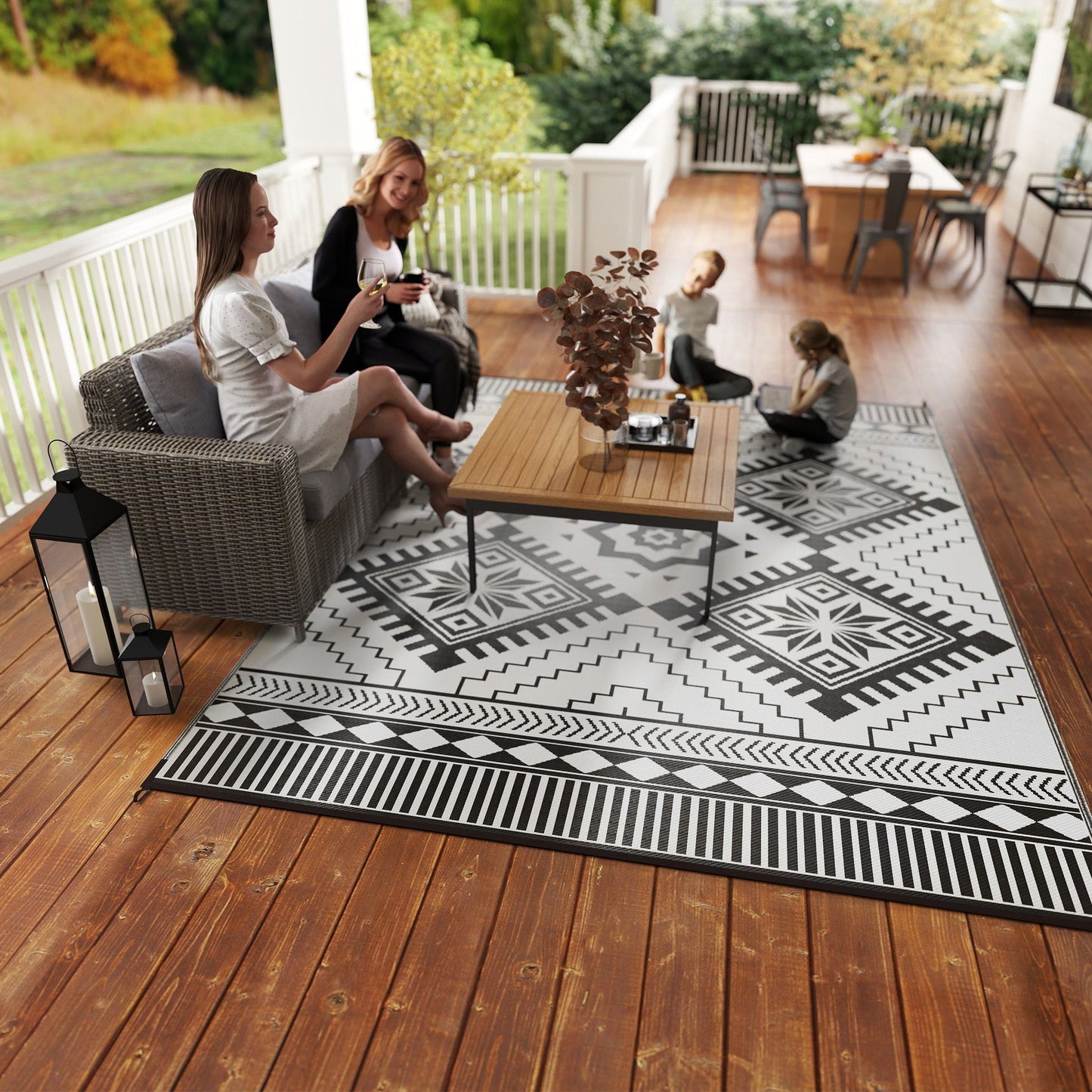 Reversible Outdoor RV Rug with Carry Bag, 9' x 12' Patio Floor Mat, Plastic Straw Rug for Backyard, Deck, Picnic, Beach, Camping, Toothed Rhombus, White and Black