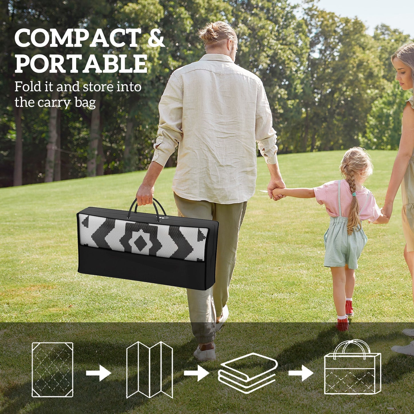 Reversible Outdoor RV Rug with Carry Bag, 9' x 12' Patio Floor Mat, Plastic Straw Rug for Backyard, Deck, Picnic, Beach, Camping, Toothed Rhombus, White and Black