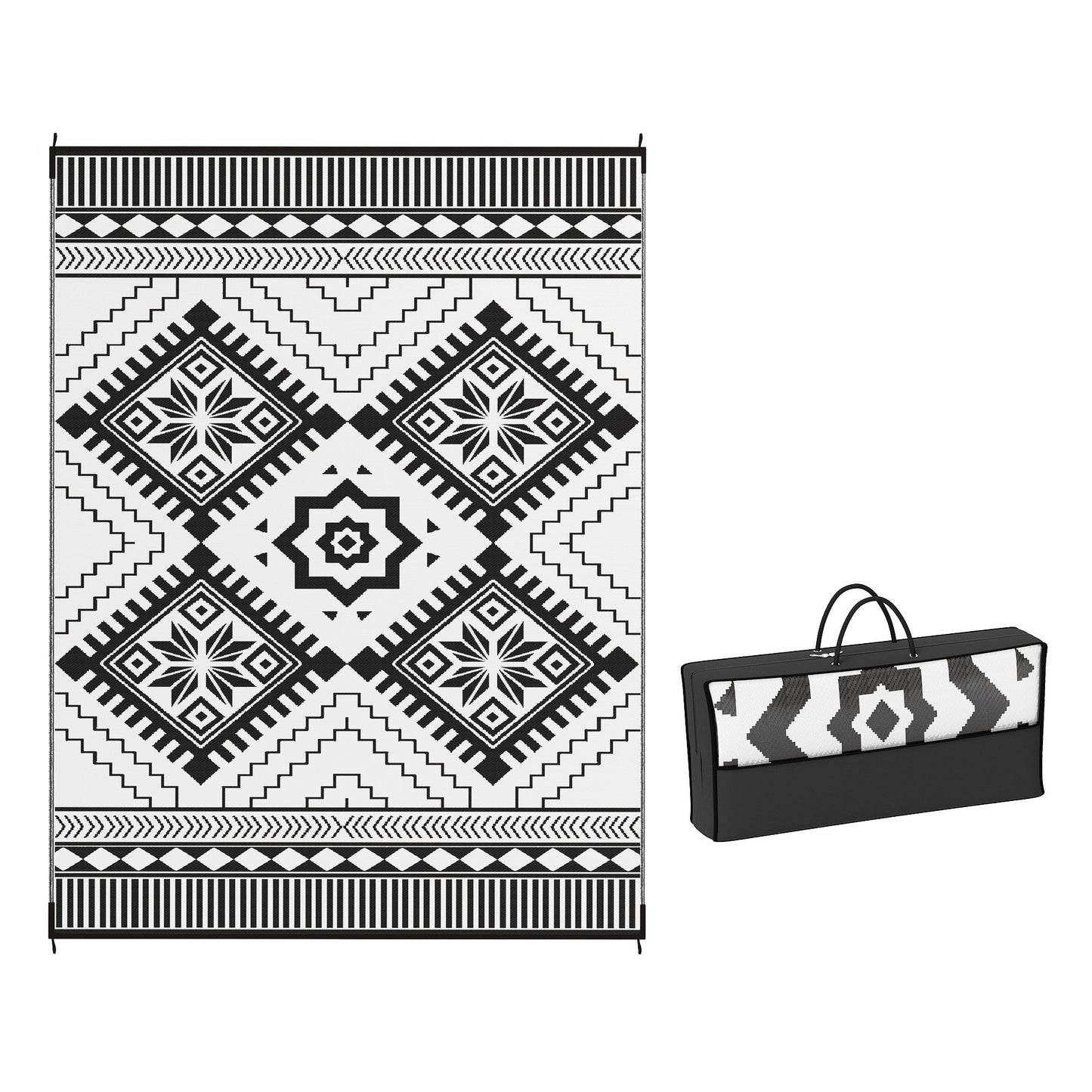 Reversible Outdoor RV Rug with Carry Bag, 9' x 12' Patio Floor Mat, Plastic Straw Rug for Backyard, Deck, Picnic, Beach, Camping, Toothed Rhombus, White and Black