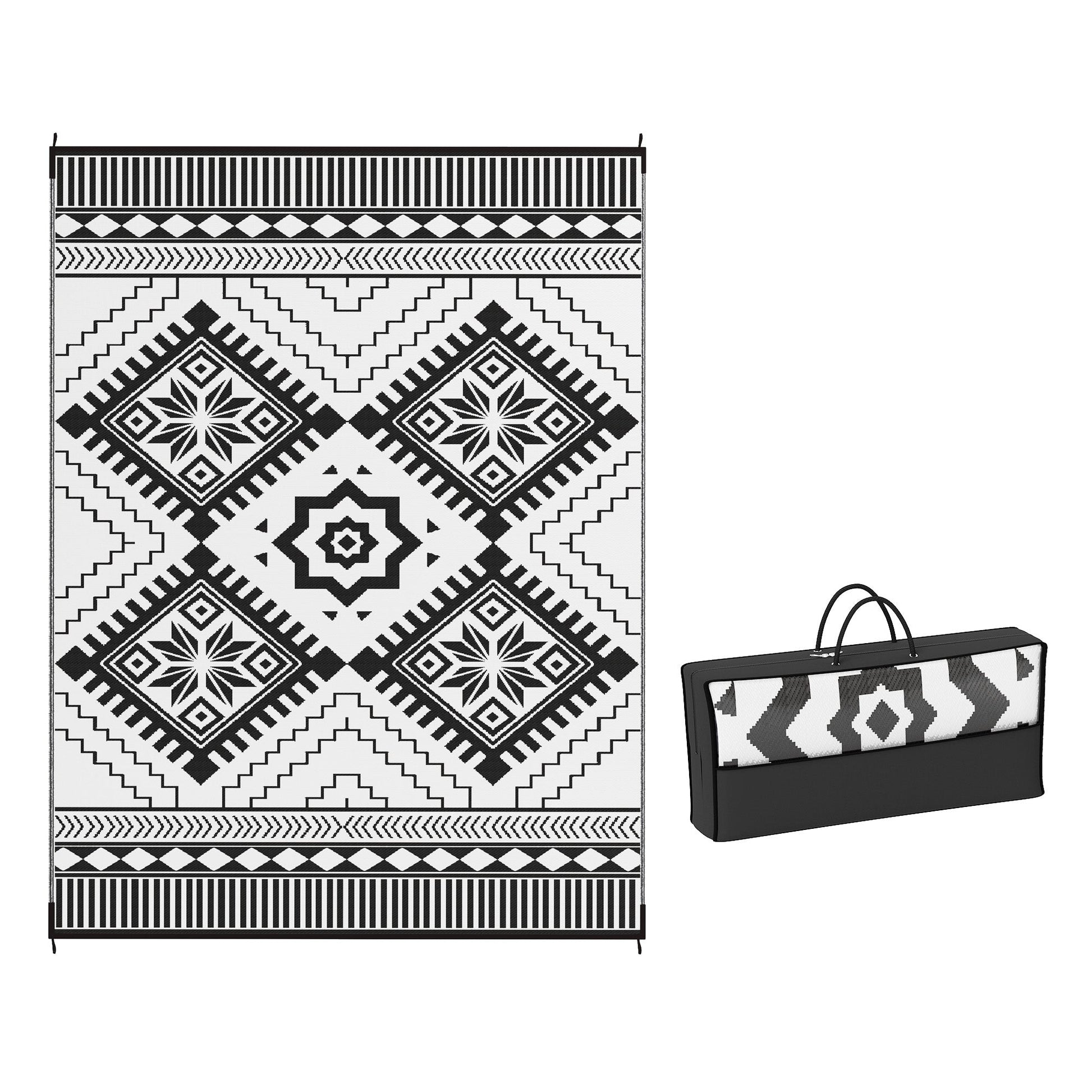 Reversible Outdoor RV Rug with Carry Bag, 9' x 12' Patio Floor Mat, Plastic Straw Rug for Backyard, Deck, Picnic, Beach, Camping, Toothed Rhombus, White and Black