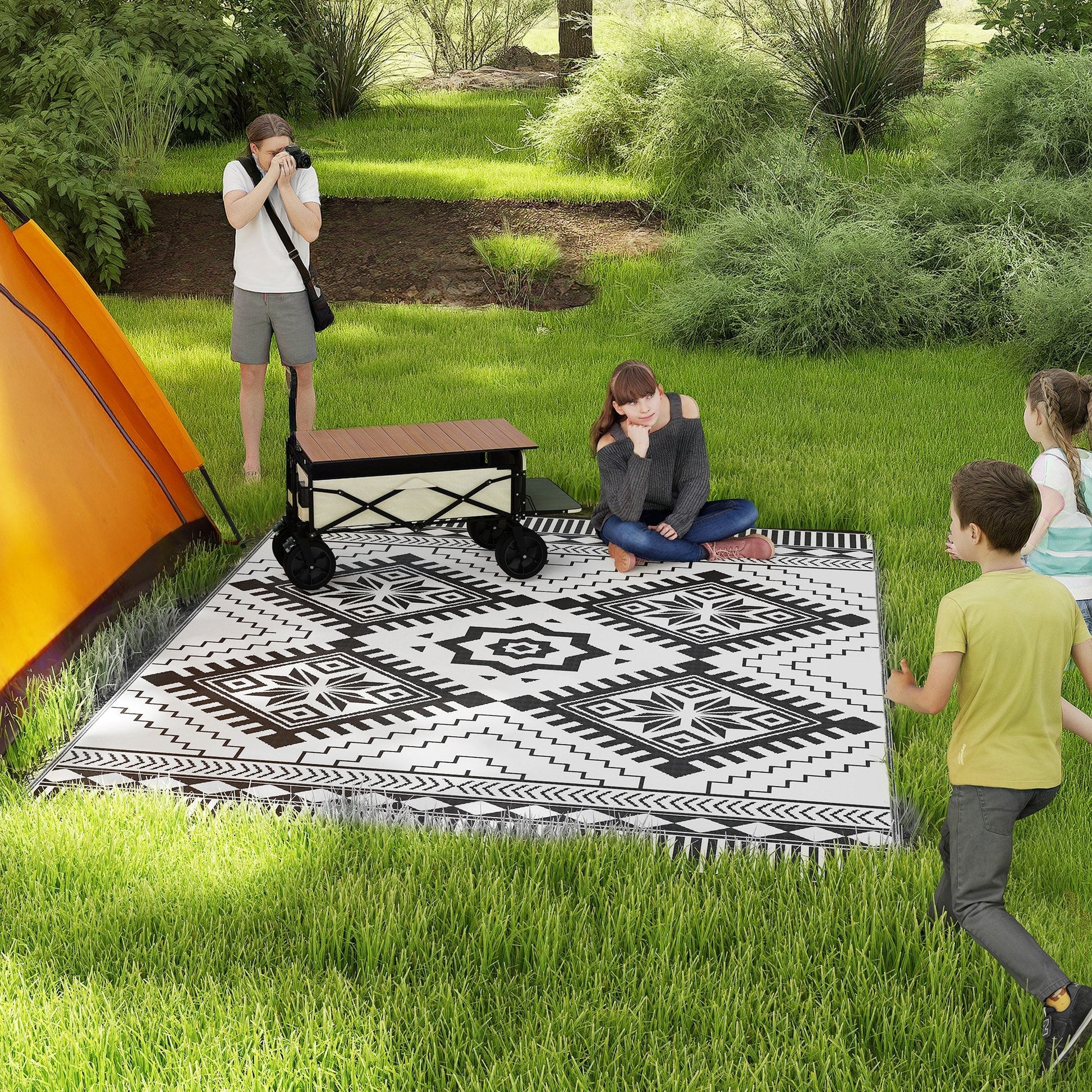Reversible Outdoor RV Rug with Carry Bag, 9' x 12' Patio Floor Mat, Plastic Straw Rug for Backyard, Deck, Picnic, Beach, Camping, Toothed Rhombus, White and Black