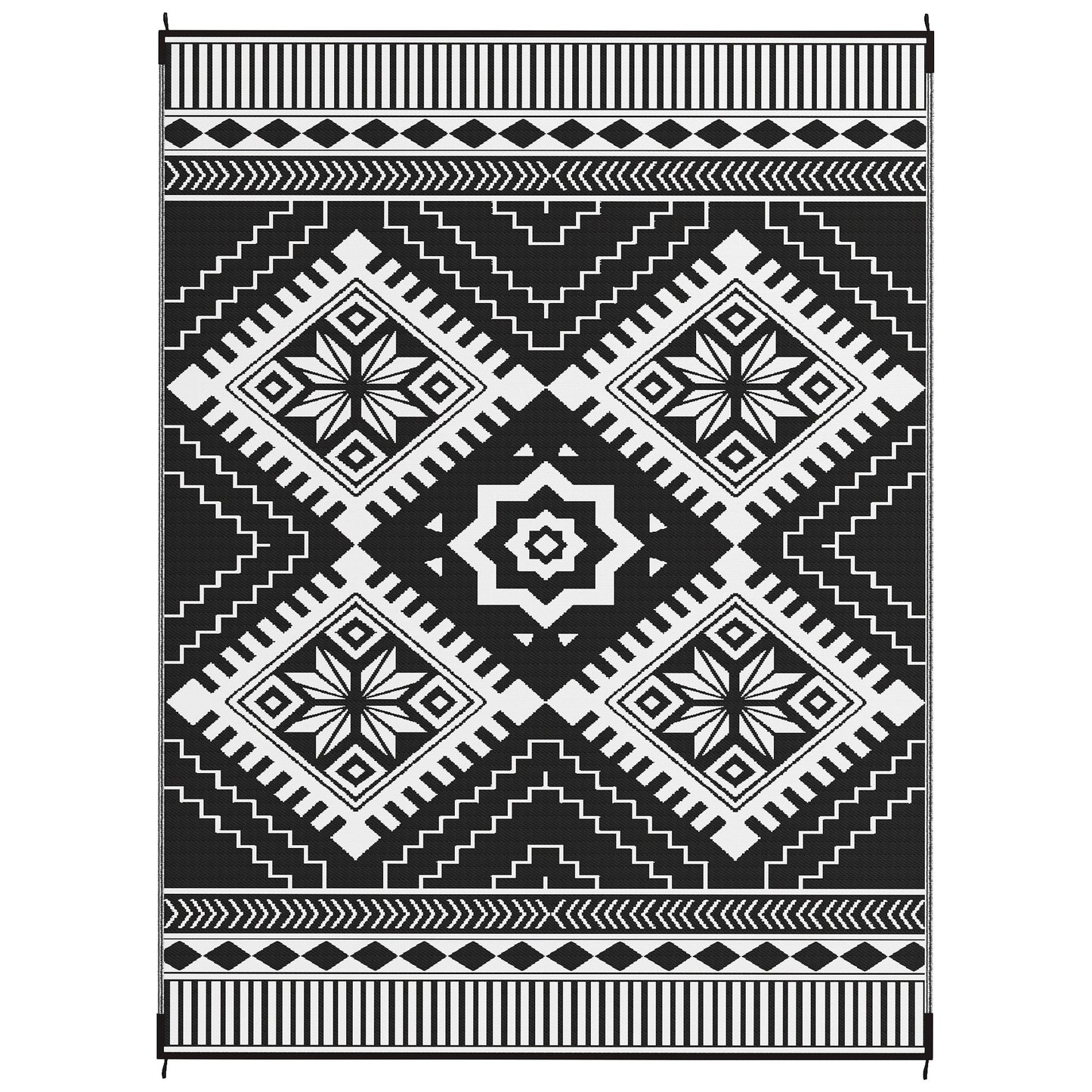 Reversible Outdoor RV Rug with Carry Bag, 9' x 12' Patio Floor Mat, Plastic Straw Rug for Backyard, Deck, Picnic, Beach, Camping, Toothed Rhombus, White and Black