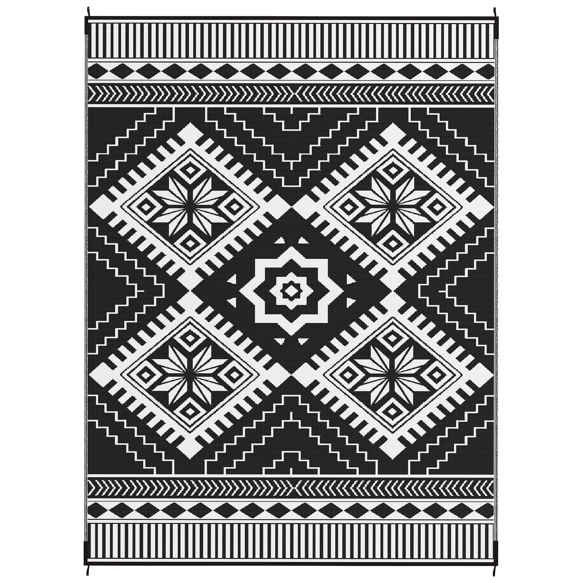 Reversible Outdoor RV Rug with Carry Bag, 9' x 12' Patio Floor Mat, Plastic Straw Rug for Backyard, Deck, Picnic, Beach, Camping, Toothed Rhombus, White and Black