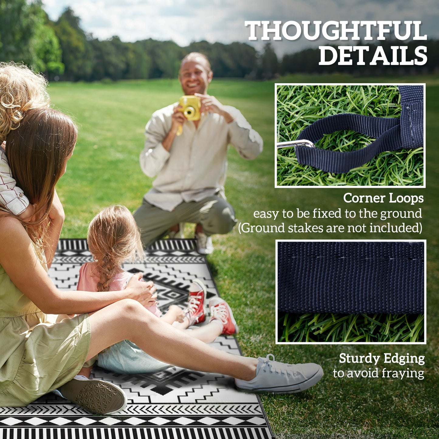 Reversible Outdoor RV Rug with Carry Bag, 9' x 12' Patio Floor Mat, Plastic Straw Rug for Backyard, Deck, Picnic, Beach, Camping, Toothed Rhombus, White and Black