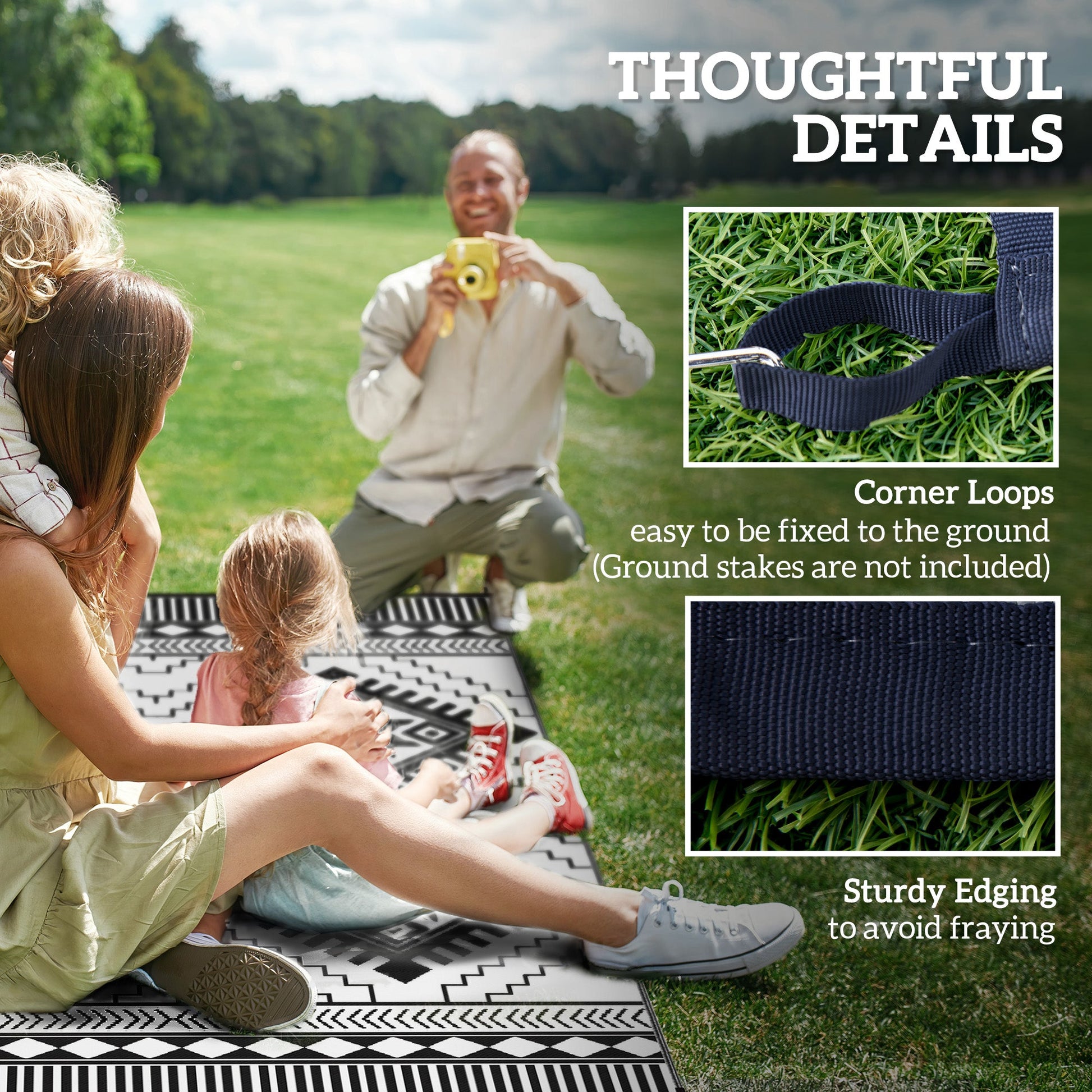 Reversible Outdoor RV Rug with Carry Bag, 9' x 12' Patio Floor Mat, Plastic Straw Rug for Backyard, Deck, Picnic, Beach, Camping, Toothed Rhombus, White and Black