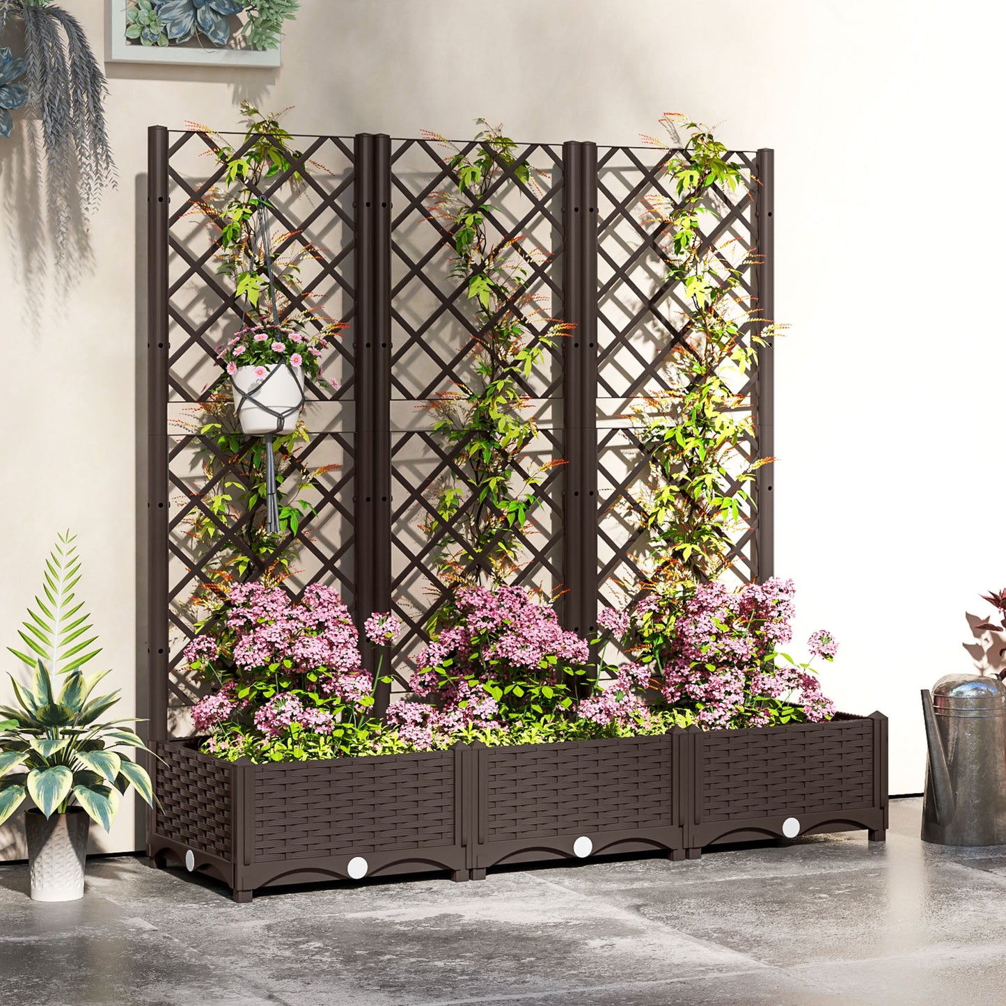 Raised Garden Bed with Trellis, Plastic Outdoor Planter Box with Drainage Holes and Drain Plugs, Raised Flower Bed for Patio, Backyard, Balcony, 47" x 16" x 48"