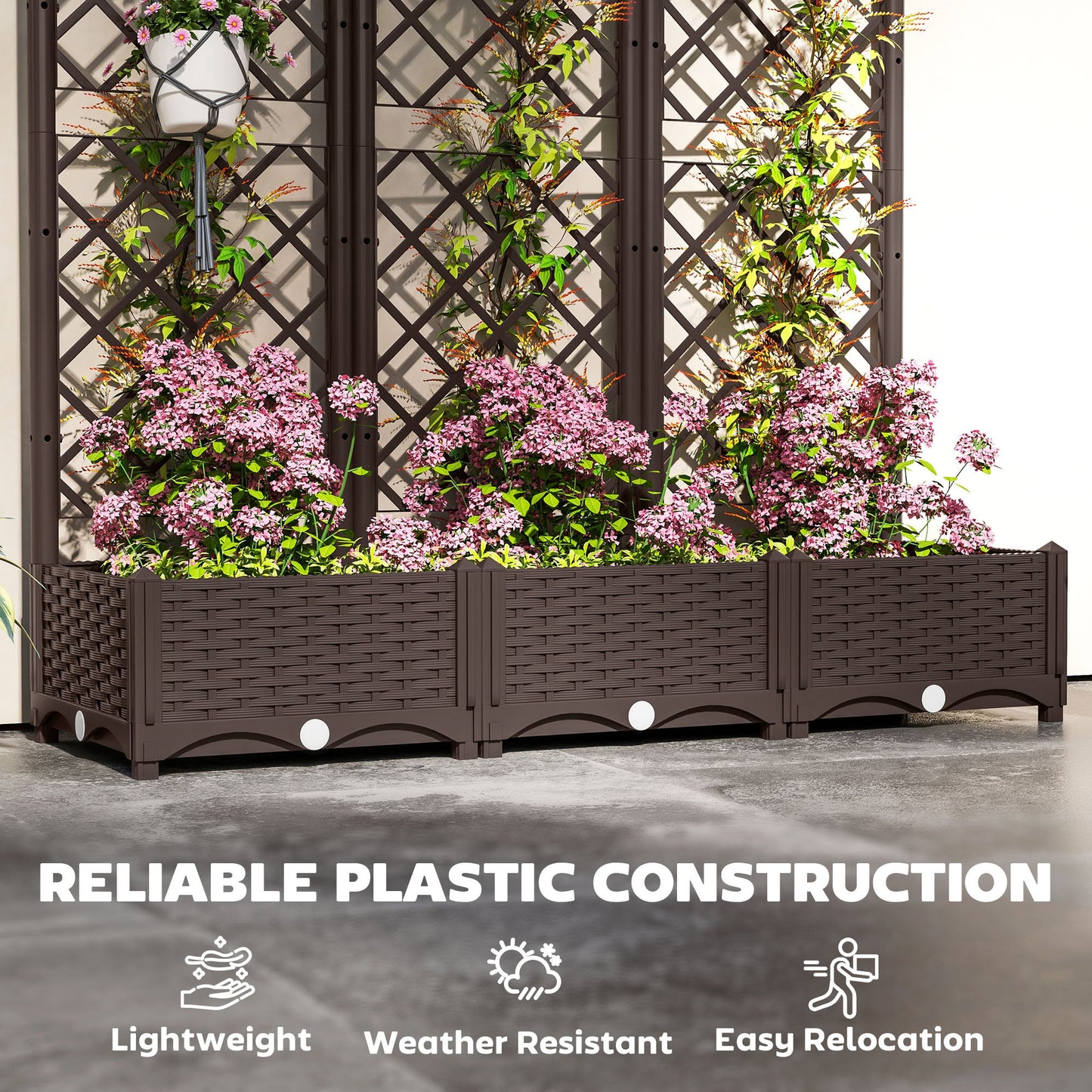 Raised Garden Bed with Trellis, Plastic Outdoor Planter Box with Drainage Holes and Drain Plugs, Raised Flower Bed for Patio, Backyard, Balcony, 47" x 16" x 48"